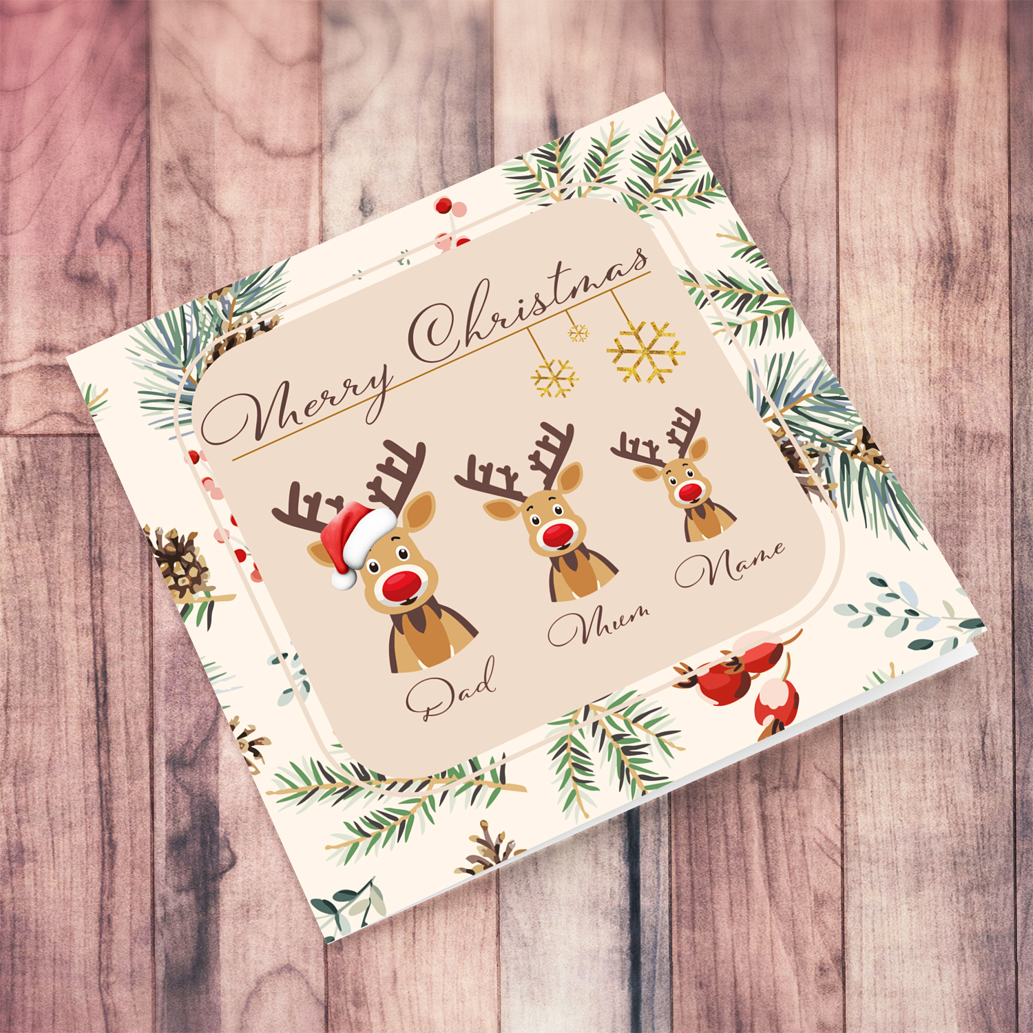 A cute open Christmas card, featuring 3 reindeers wearing santa's hat, with hanging snowflakes in English (Personalisable)