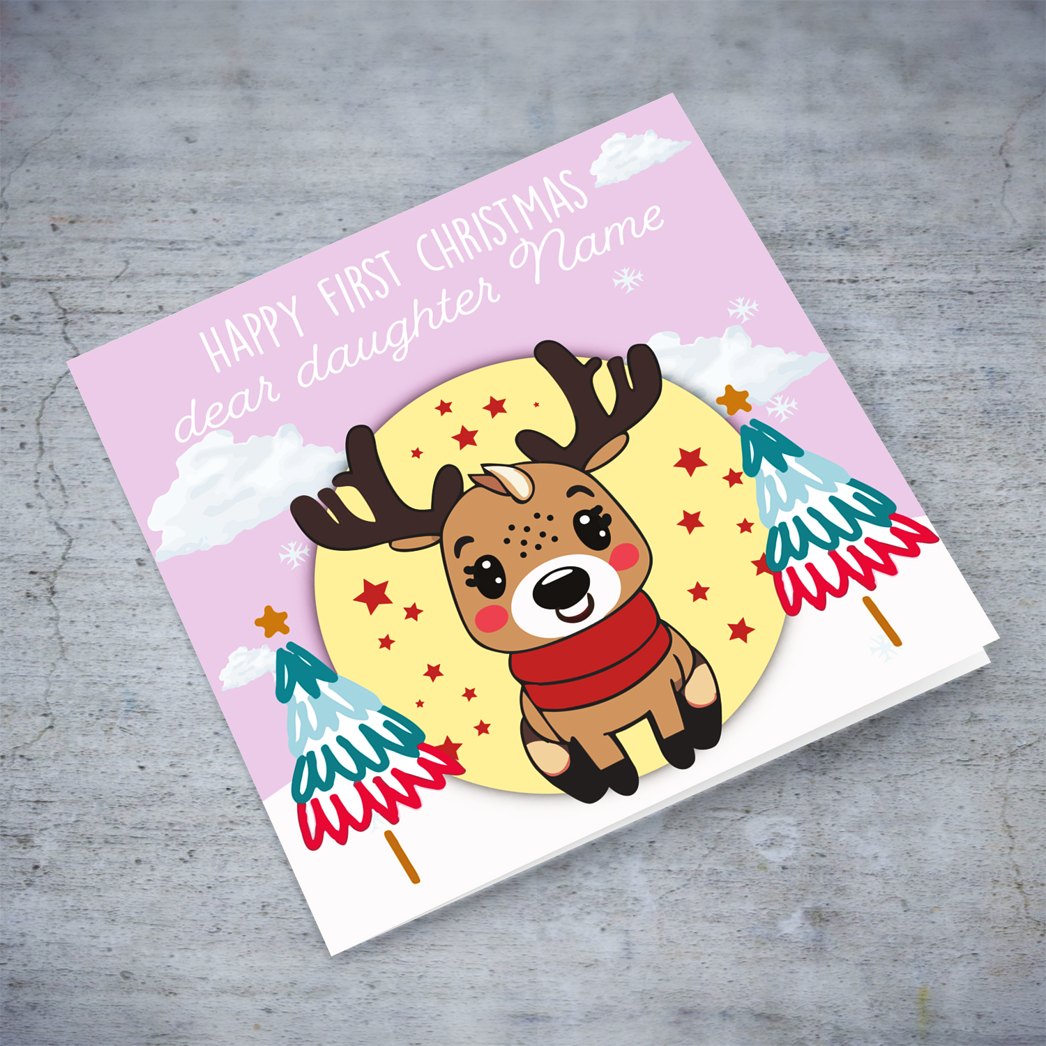 Daughter - First Christmas dear daughter with pink background, cute reindeer with trees in English