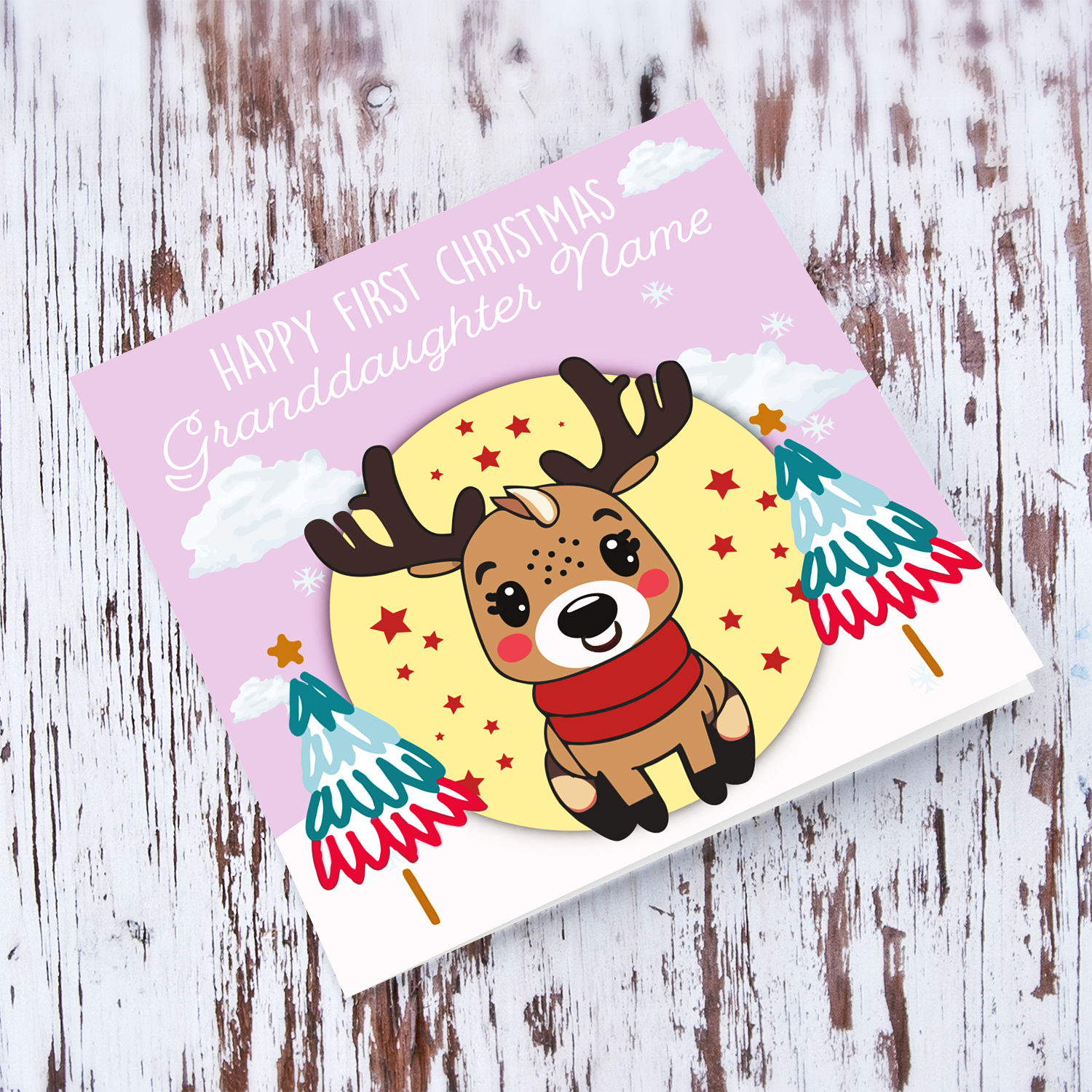 Grand-daughter - First Christmas grand-daughter with pink background, cute reindeer with trees in English