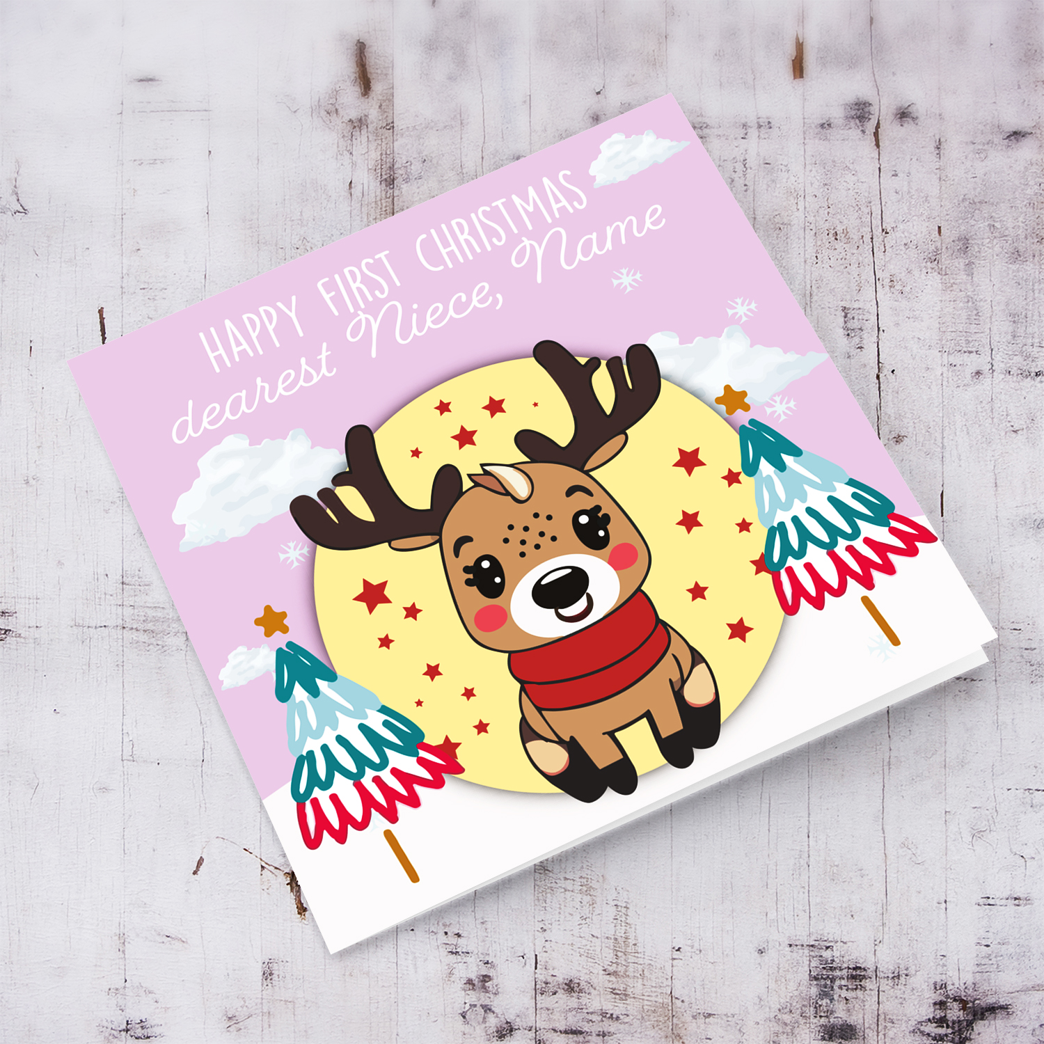 Niece - First Christmas dearest nice with pink background, cute reindeer with trees in English