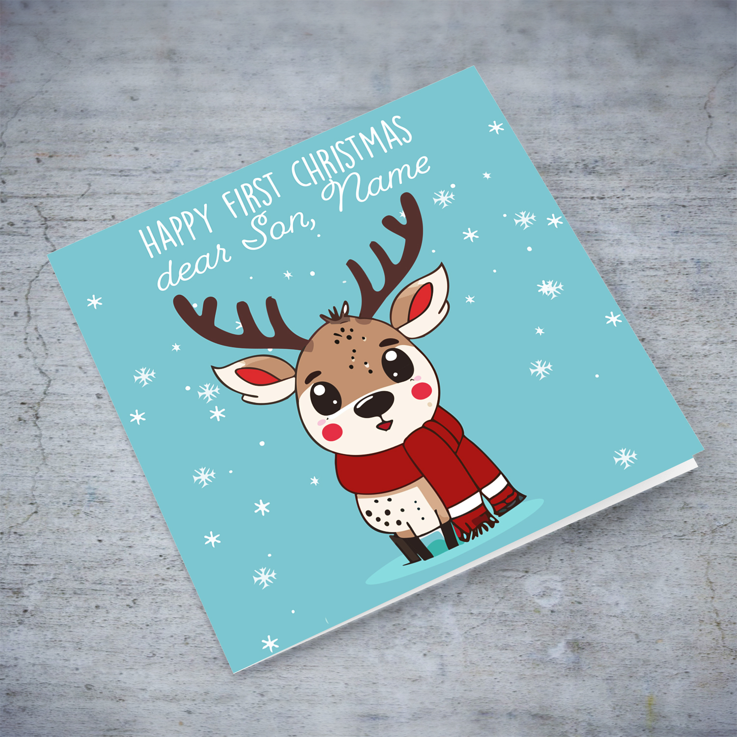 Son - First Christmas dear Son with light blue background and a cute reindeer in English