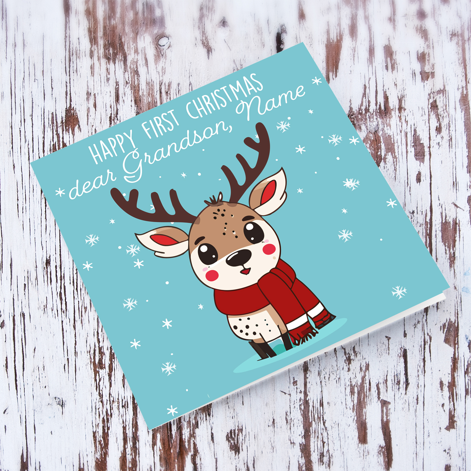 GrandSon - First Christmas dear Grandson with light blue background and a cute reindeer in English