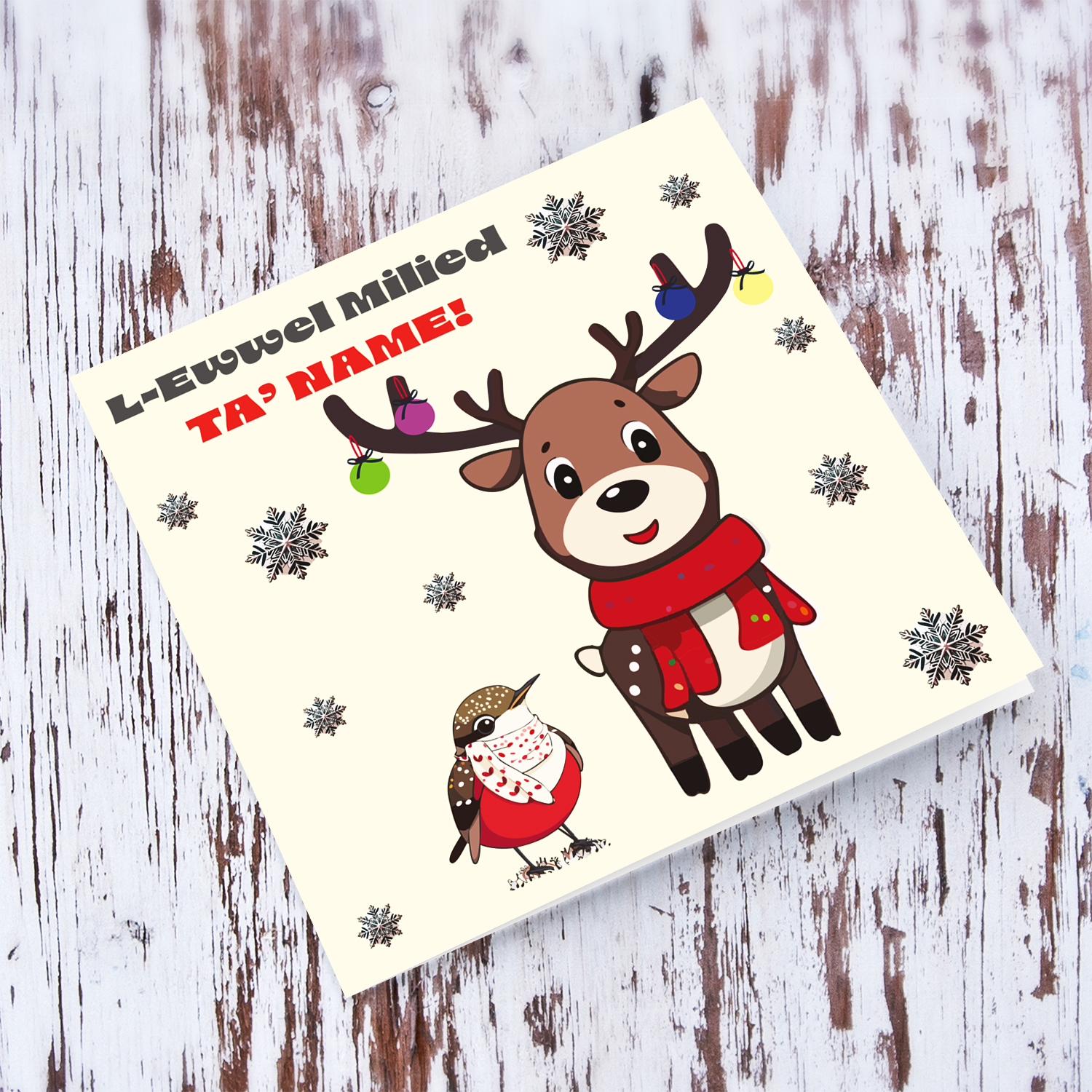 Baby's First Christmas - Cute Robin & Reindeer with falling snowflakes, baby's first Christmas in Maltese (Unisex)