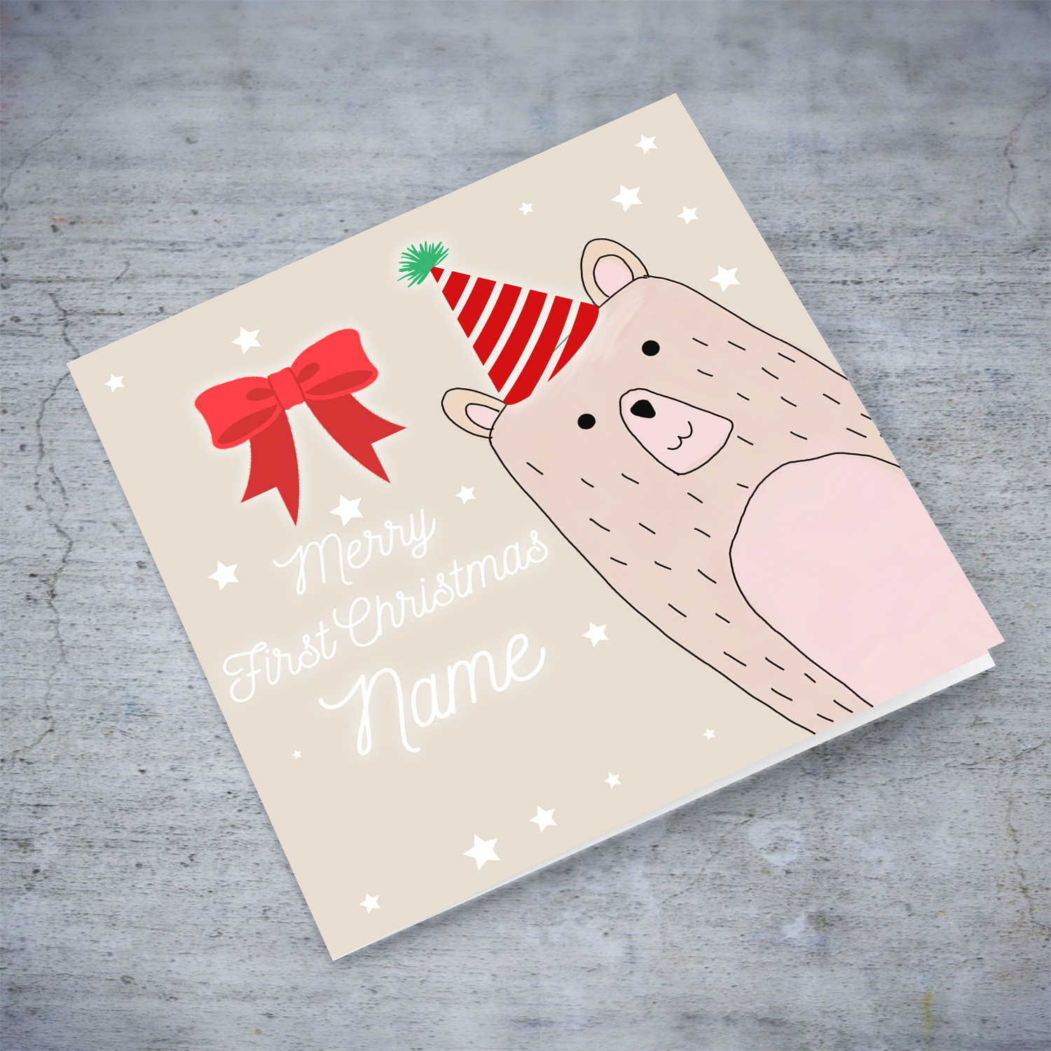 Baby's First Christmas - Cute bear wearing a hat for First Christmas in English (Personalisable & Unisex)