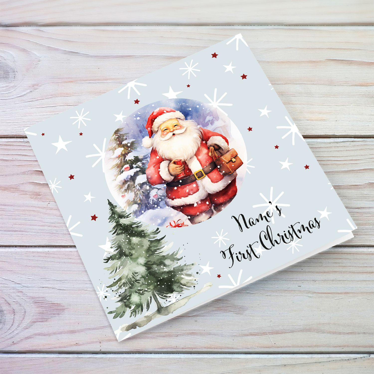 Baby's First Christmas - Christmas card with Santa Claus and Xmas Tree in English (Personalisable)