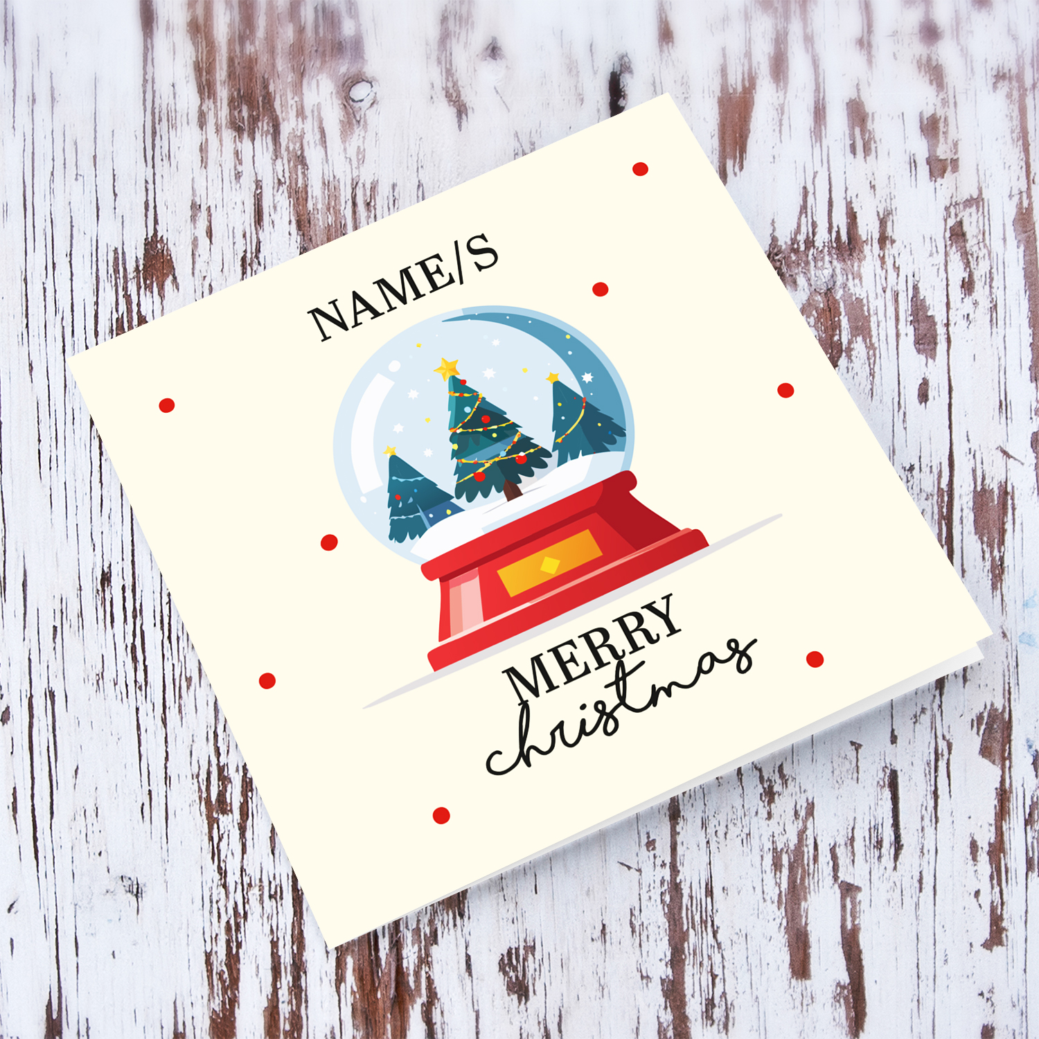 Cute Christmas bauble themed card in black text in English (Personalisable)