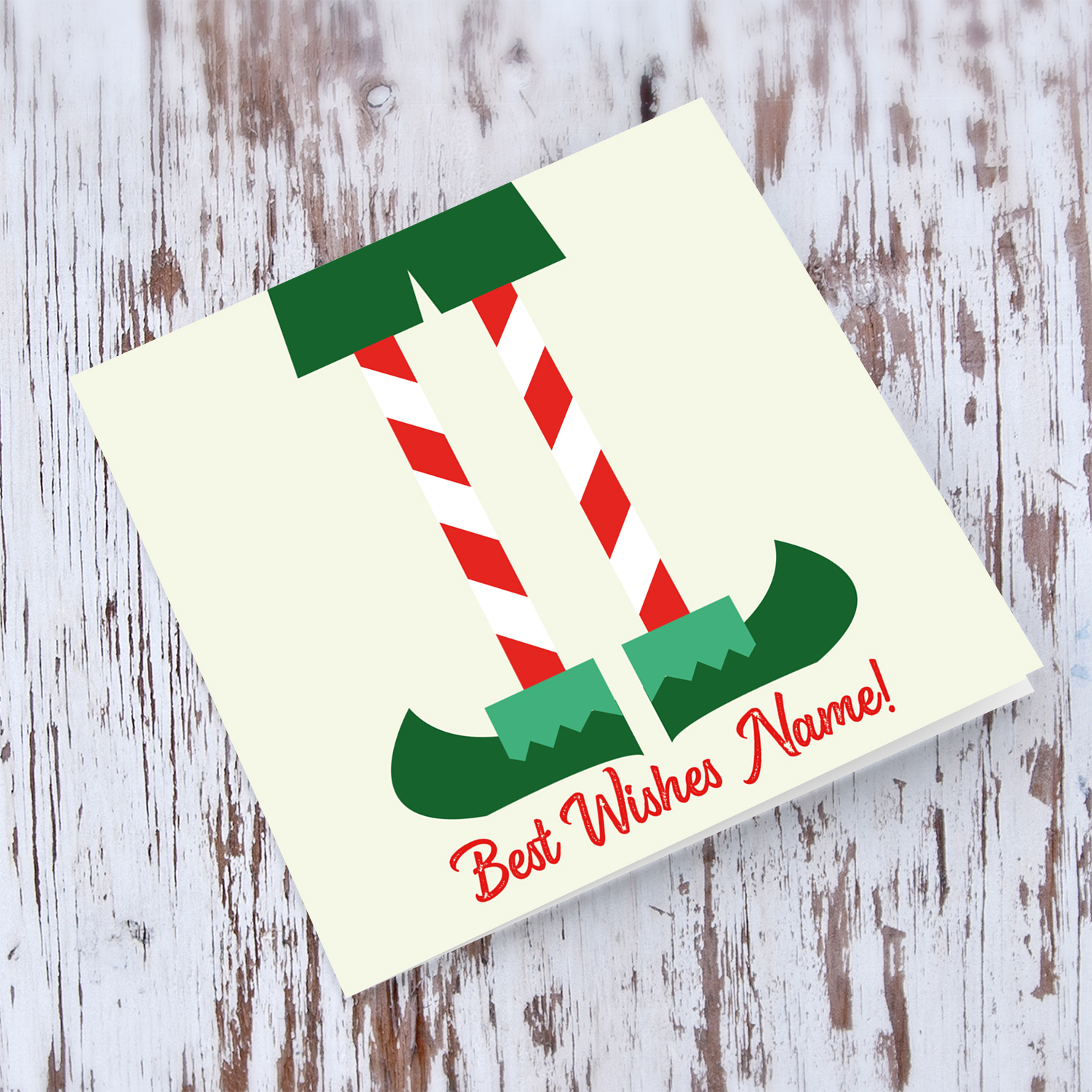Elf themed personalisable Christmas card in English