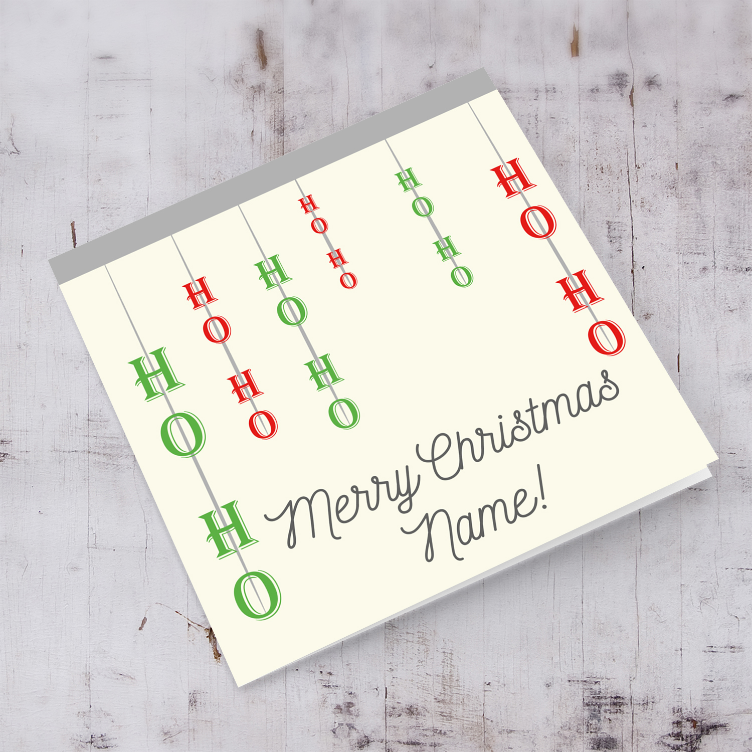 Hanging Ho ho ho personalisable Christmas card in English