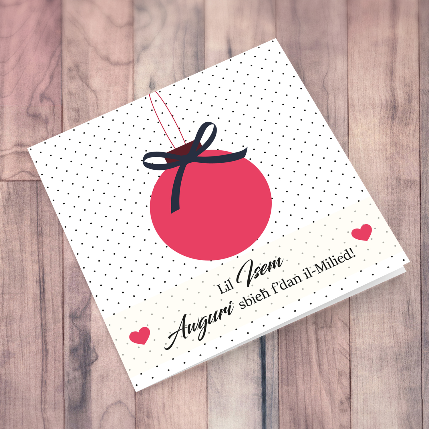 Red bauble personalisable Christmas card in Maltese