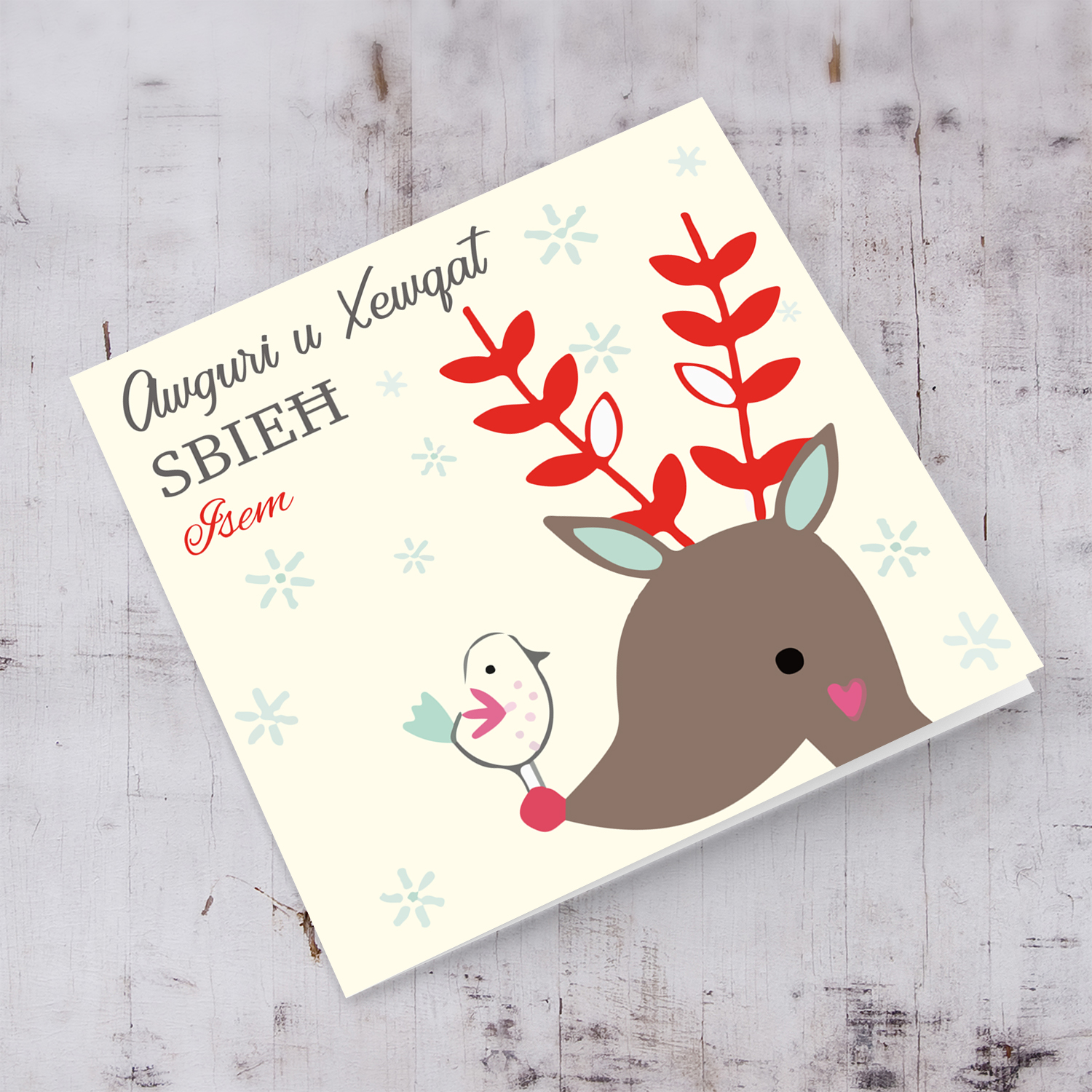 Reindeer themed personalisable Christmas card in Maltese