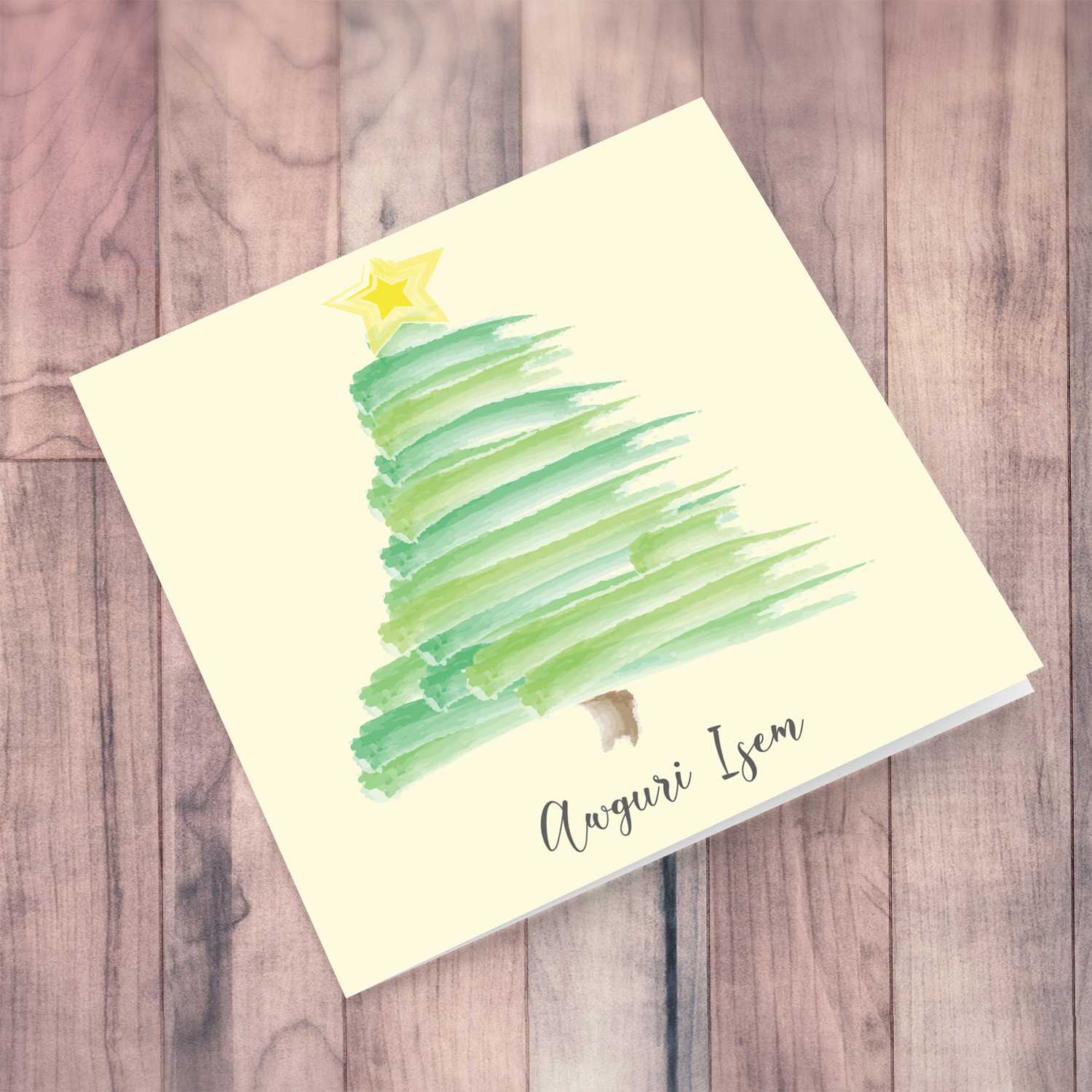 Watercolour Christmas tree themed personalisable card in Maltese