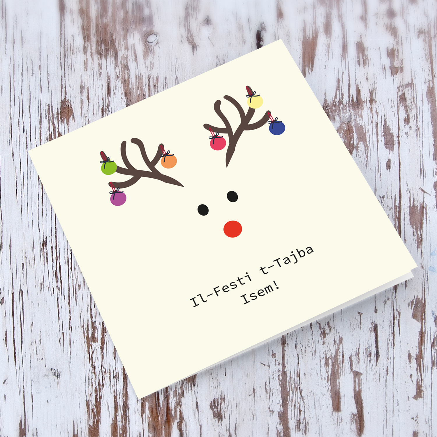 Reindeer with baubles themed personalisable Christmas card in Maltese