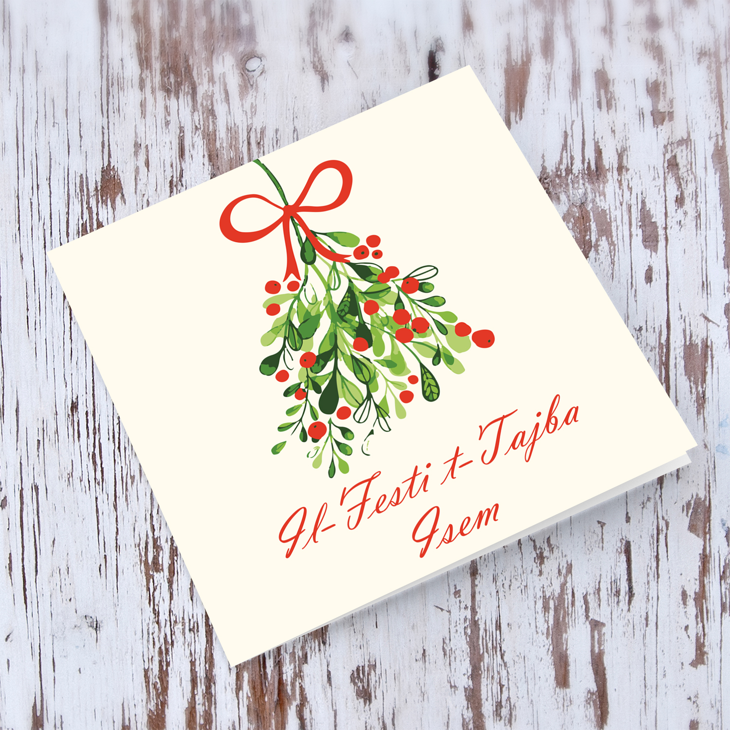 Mistletoe themed Christmas personalisable card in Maltese