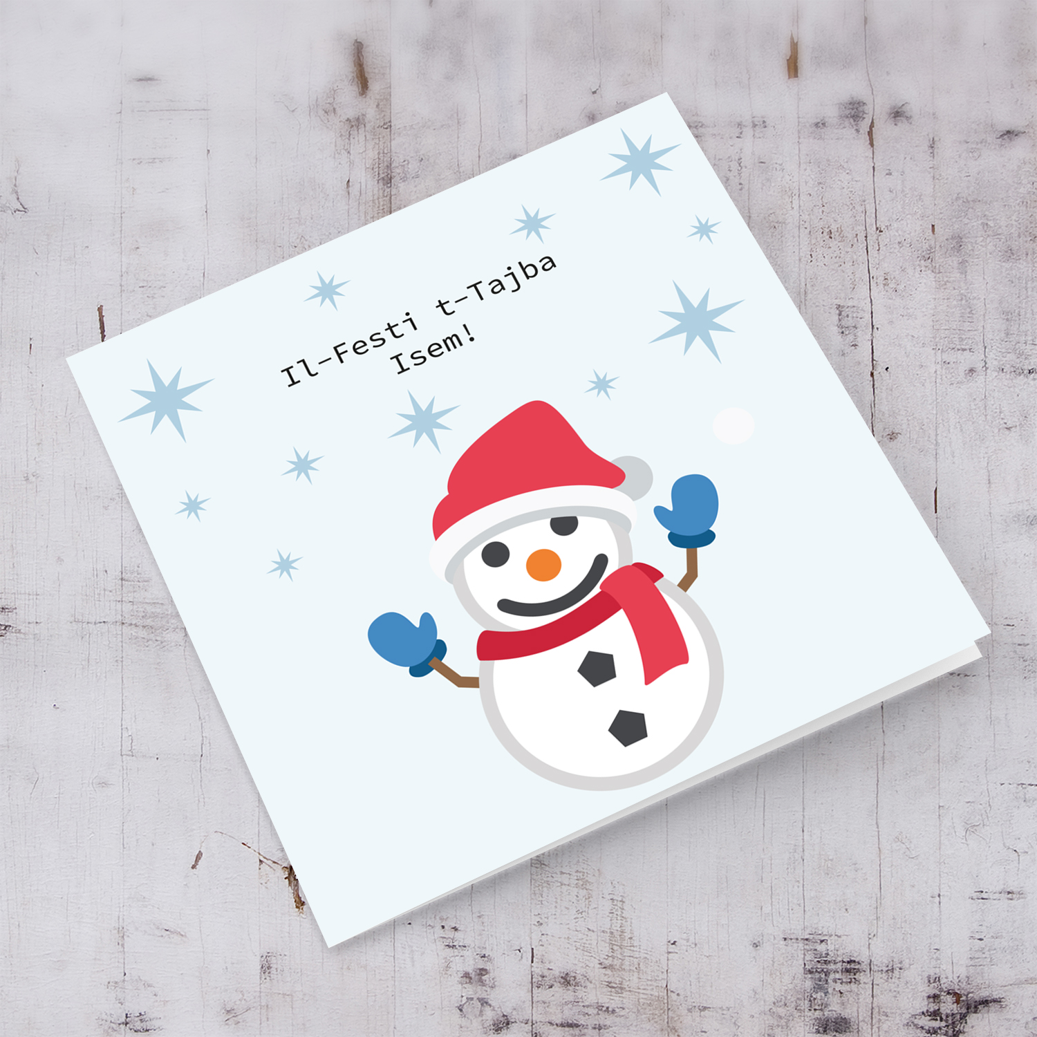 Snowman themed personalisable Christmas card in Maltese