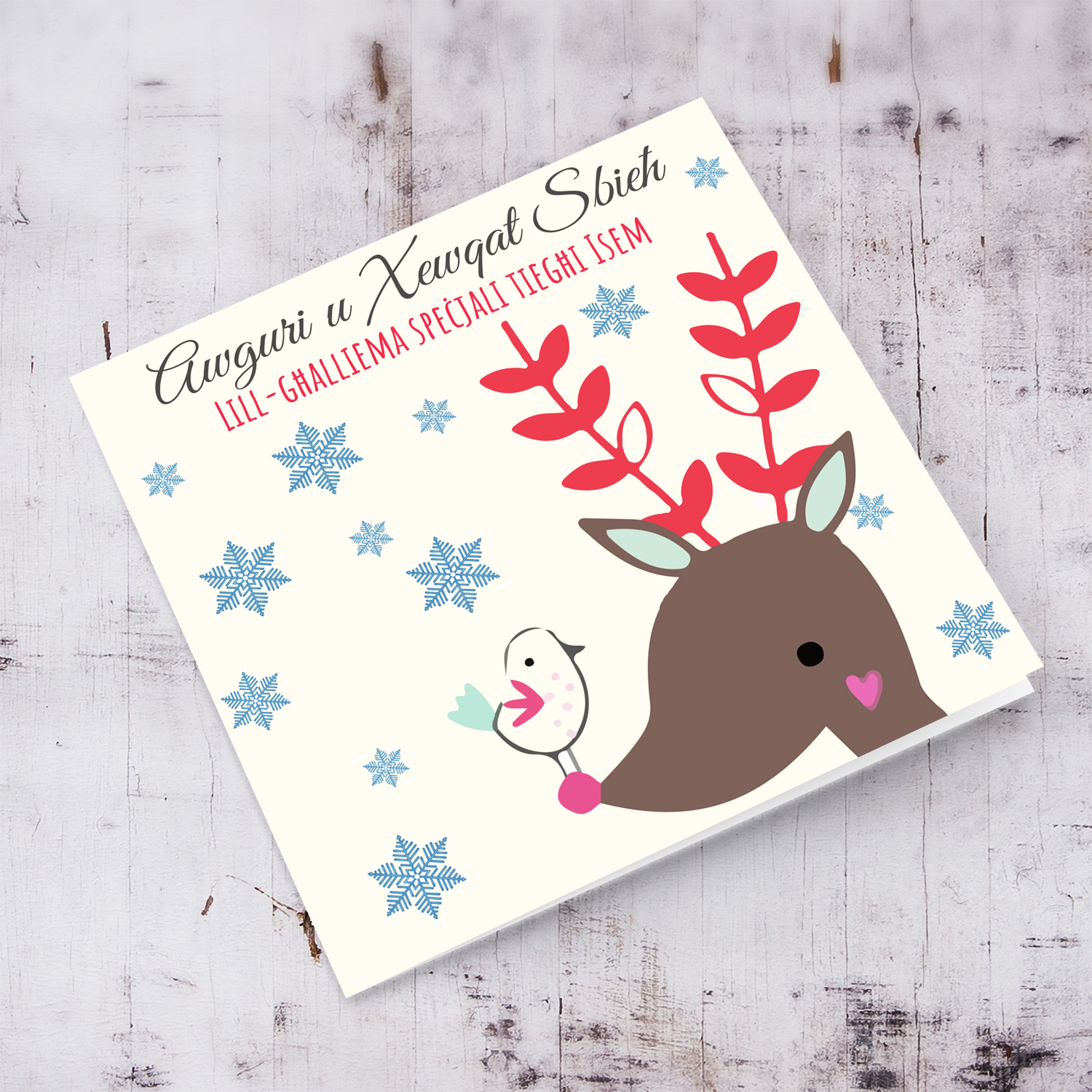 Teacher - Reindeer themed Christmas personalisable card for teacher in Maltese