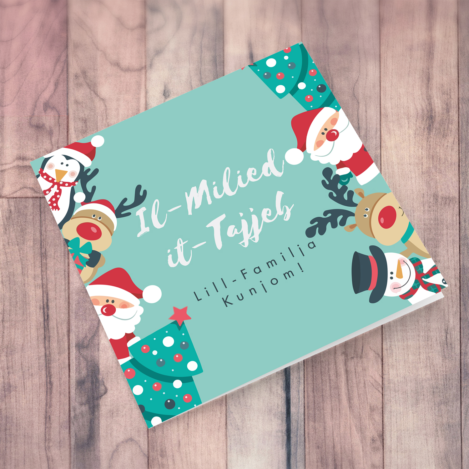 Christmas tree, Santa, Reindeer and snowman Christmas personalisable card in Maltese