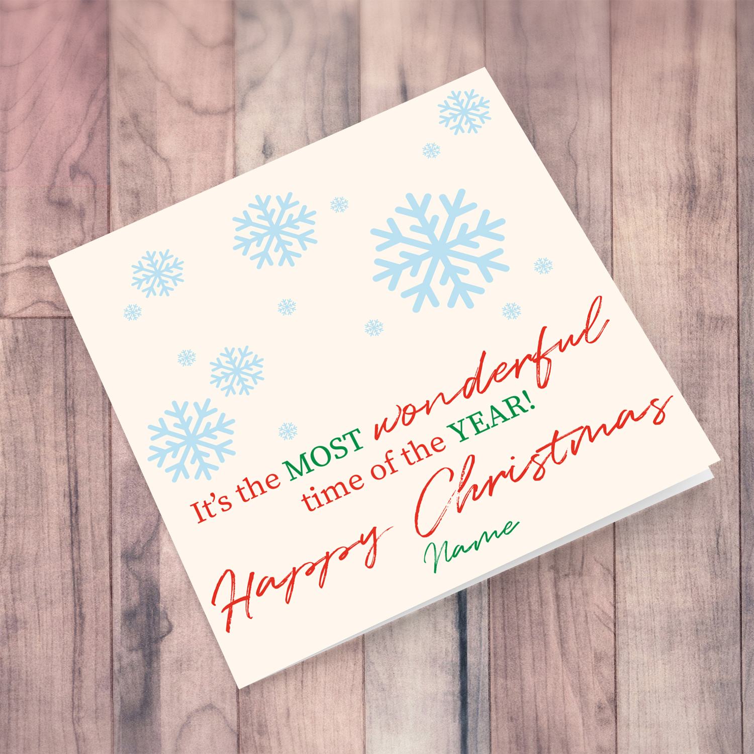 Snowflake themed personalisable Christmas card in English