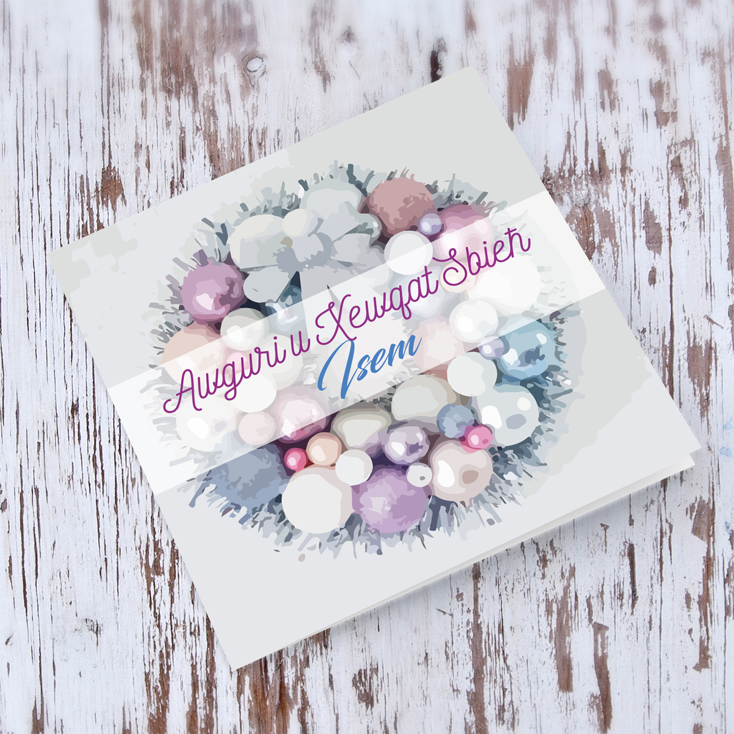 Bauble wreath themed Christmas personalisable card in Maltese