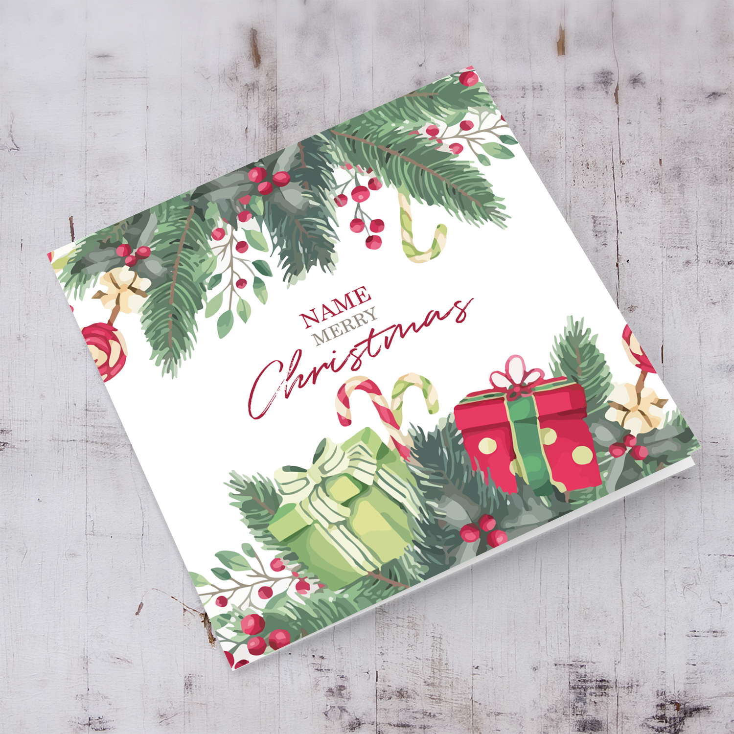 Christmas personalisable card with holly and presents in English