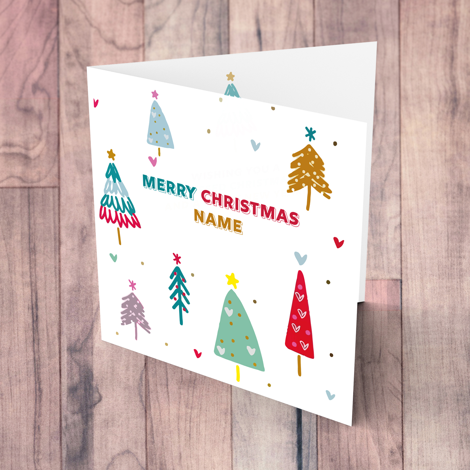 Various coloured Christmas tree, Christmas personalisable card  in English