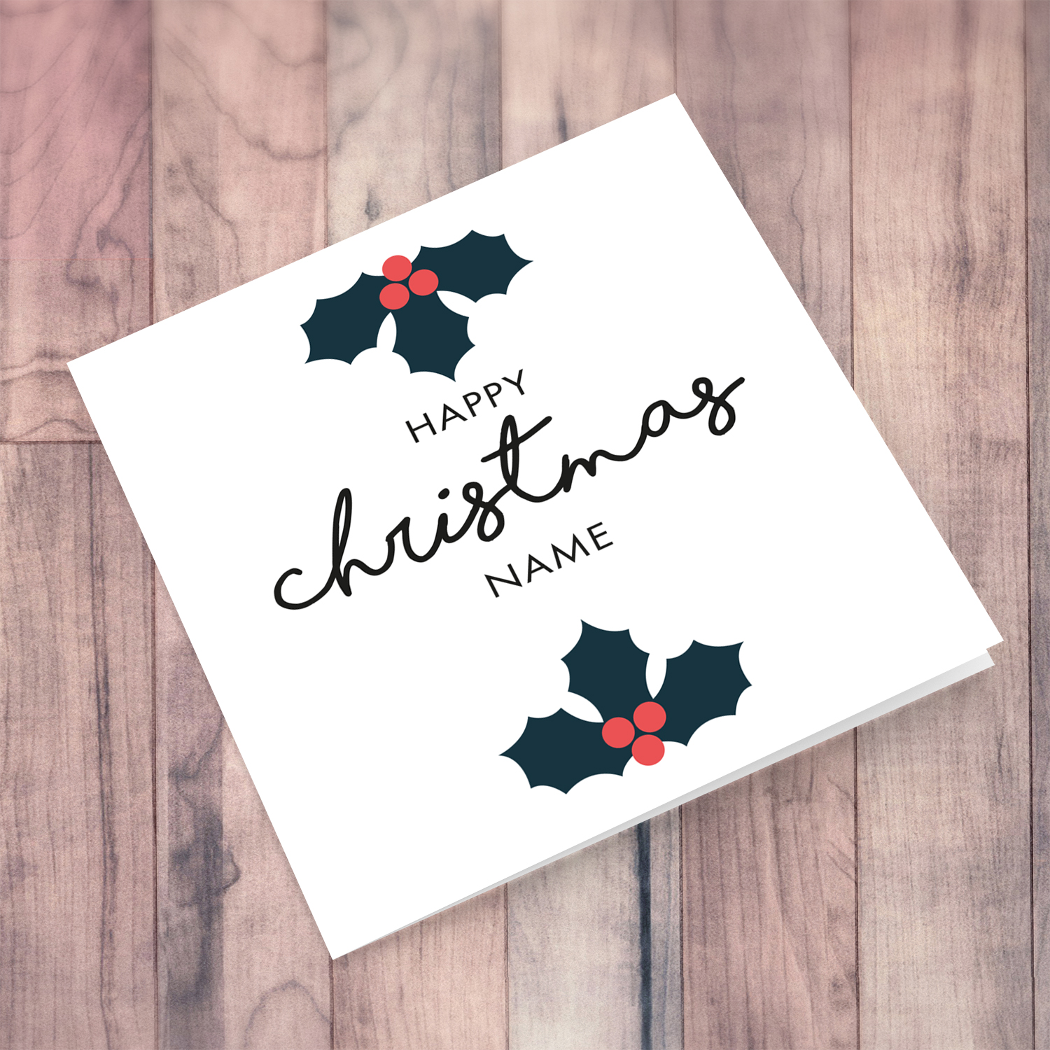 Minimalist Christmas personalisable card with hollies in English