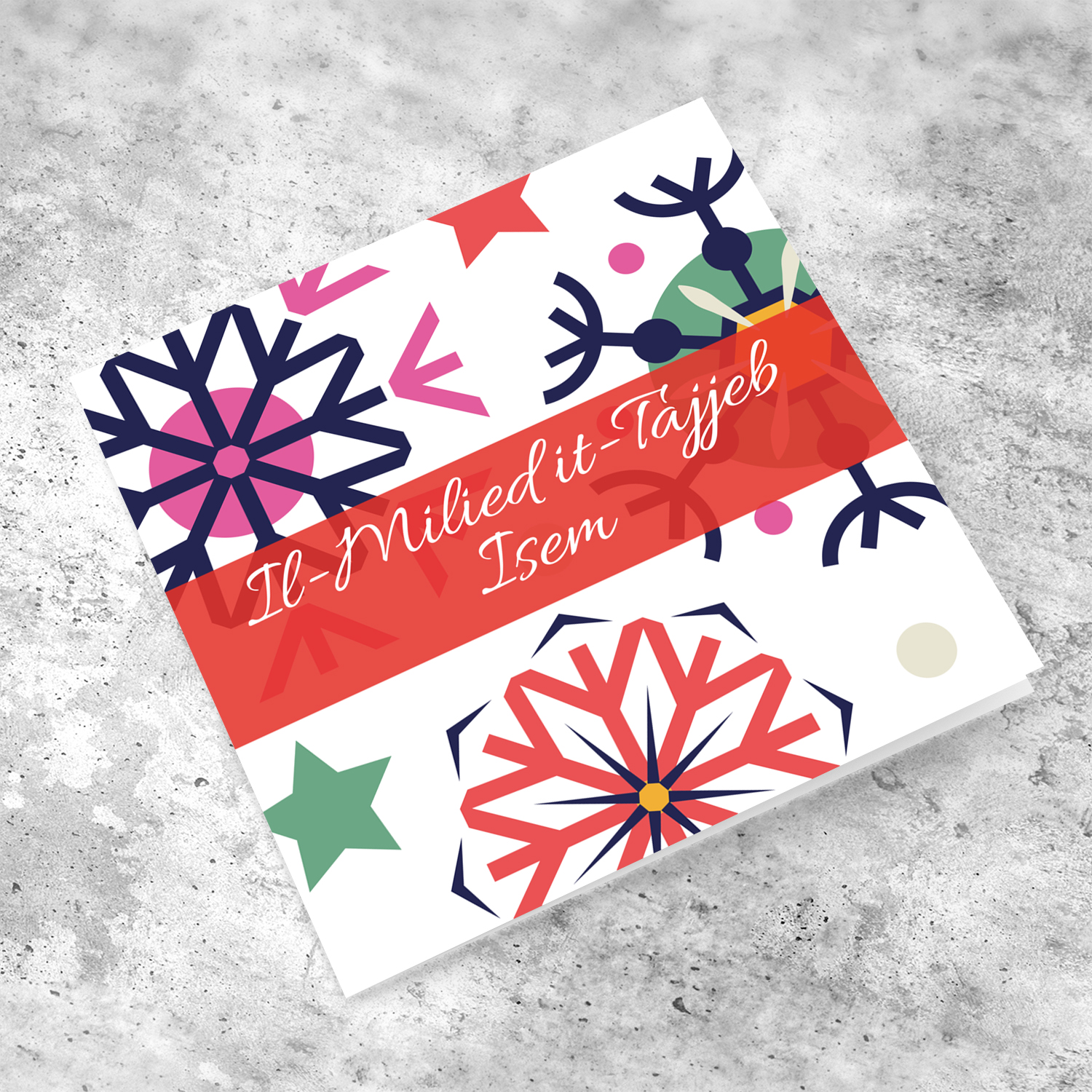 Colourful snowflakes with pink tones Christmas personalisable card for in Maltese