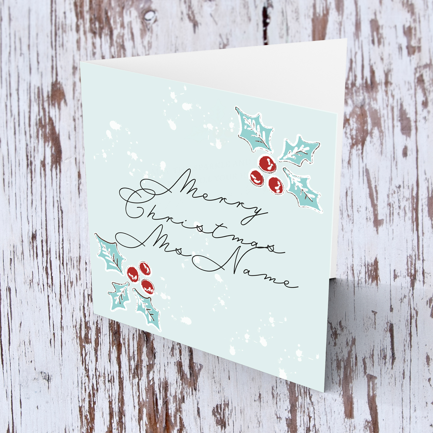 Christmas holly, scattered snow, and light background Christmas card for your teacher / carer / lse / head of school / assistant head  in English (Female & Personalisable)