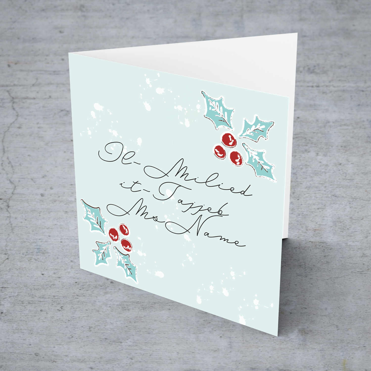 Christmas holly, scattered snow, and light background Christmas card for your MS teacher / LSE / carer / head of school / assistant head (Personalisable) in Maltese (FEMALE)