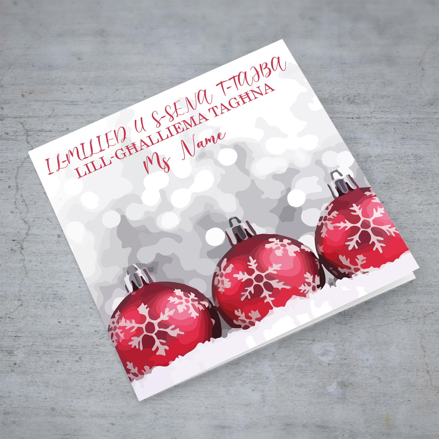 Teacher - Red bauble themed Christmas personalisable card for teacher in Maltese