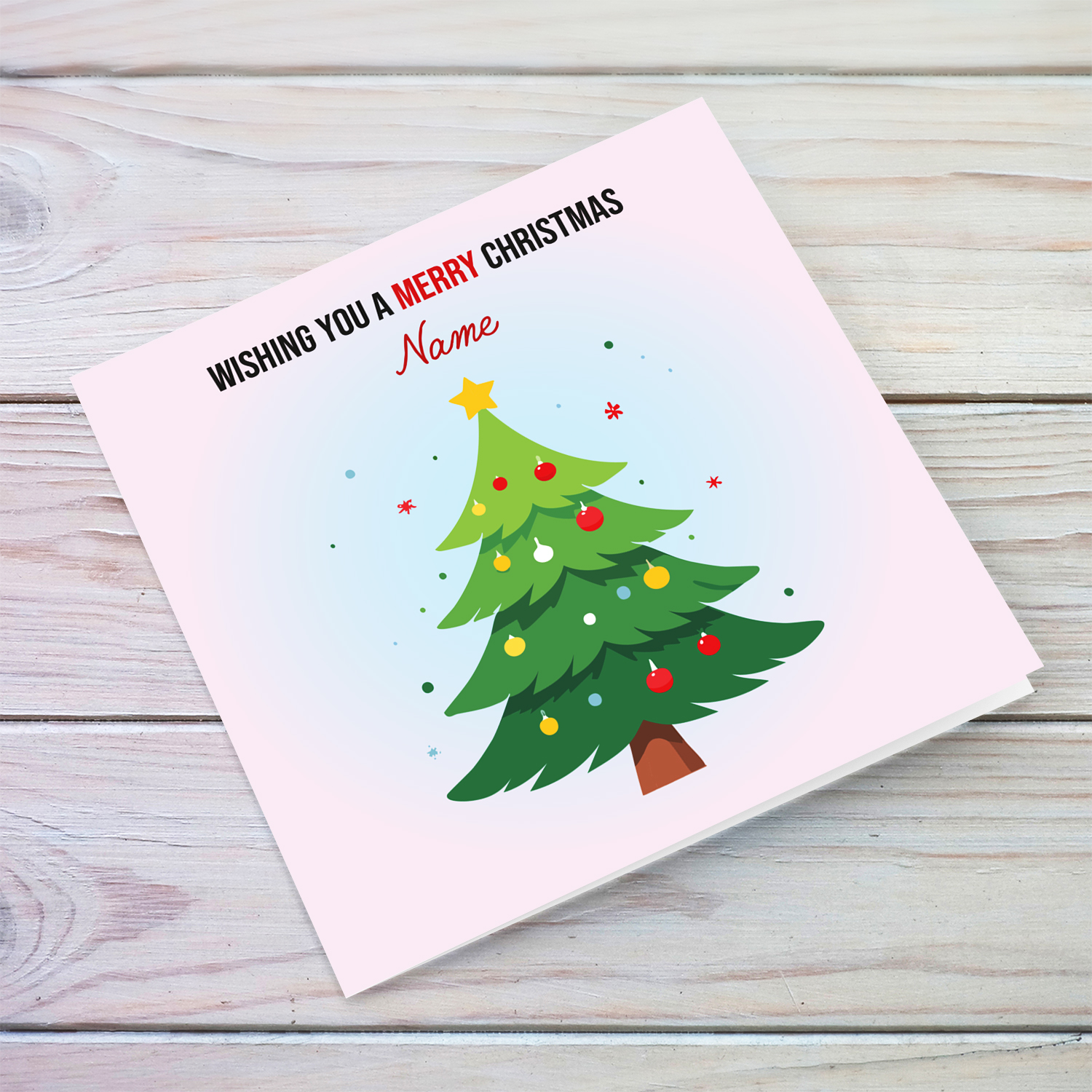 Minimalist Christmas tree themed Christmas card with pink and light blue backgrund in English (Personalisable)