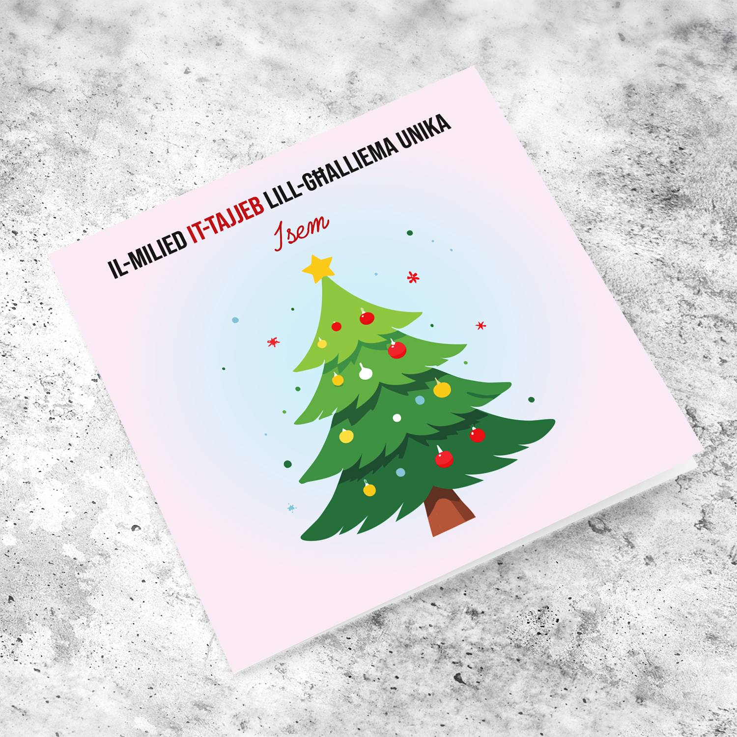 Minimalist Christmas tree themed Christmas card for School Teacher (FEMALE) in light pink gradient to light blue in Maltese (Personalisable)