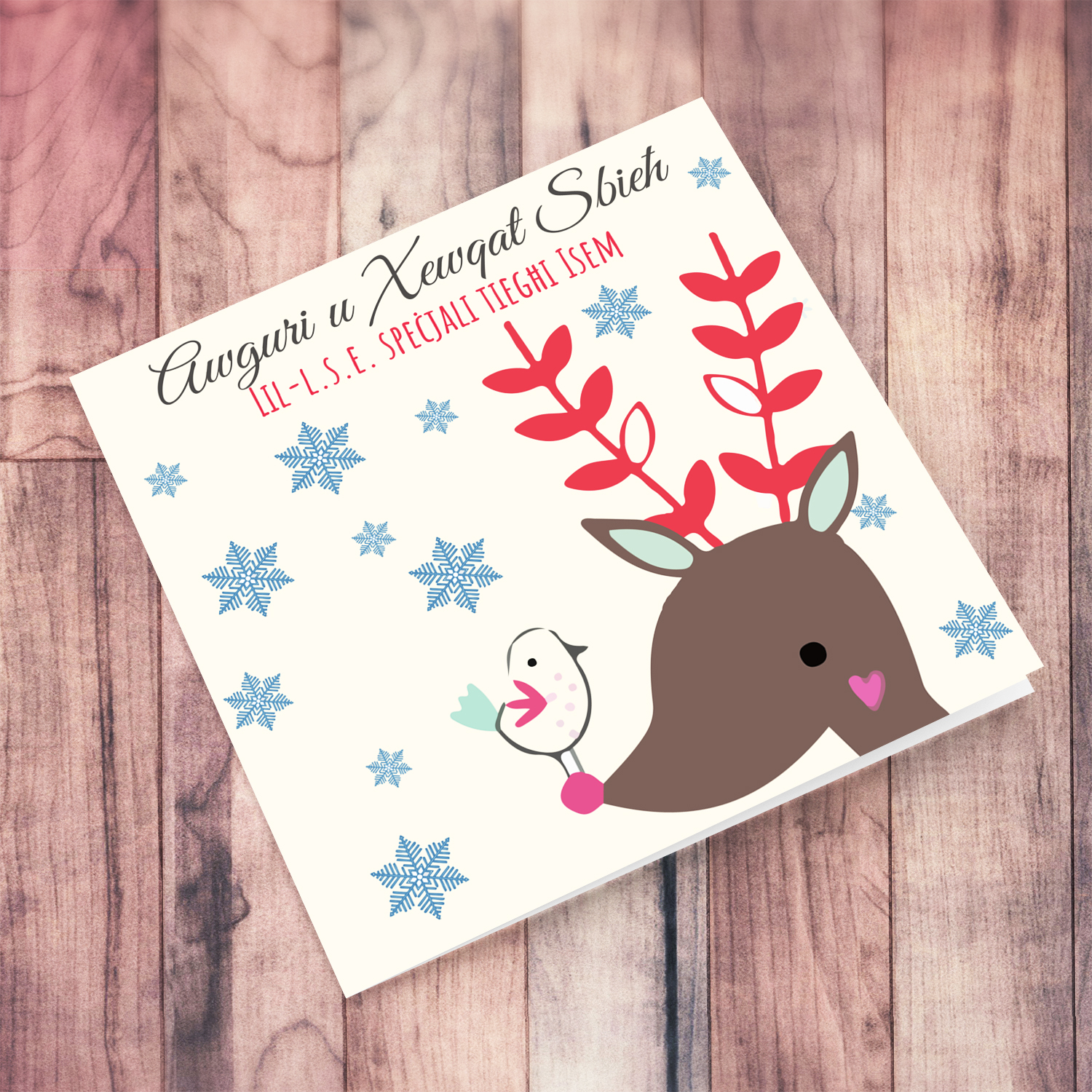 L.S.E. - Reindeer themed Christmas personalisable card in Maltese (SINGULAR)