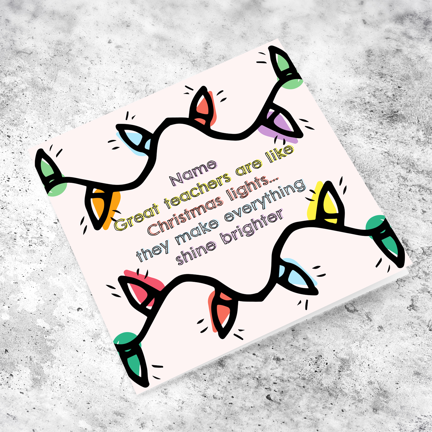 Christmas lights themed Christmas card for teacher in English (Personalisable)