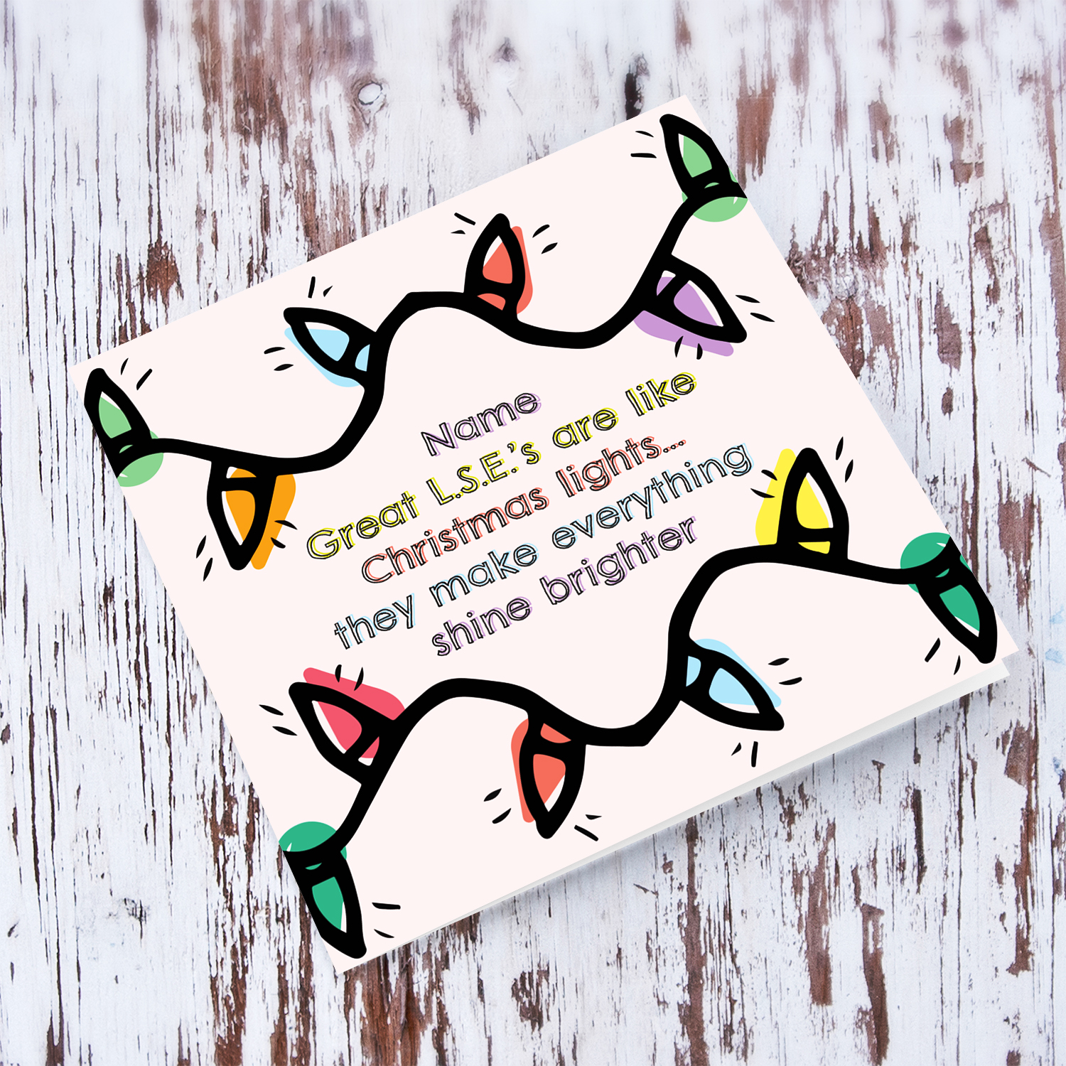 Christmas lights themed Christmas card for school LSE in English (Personalisable)