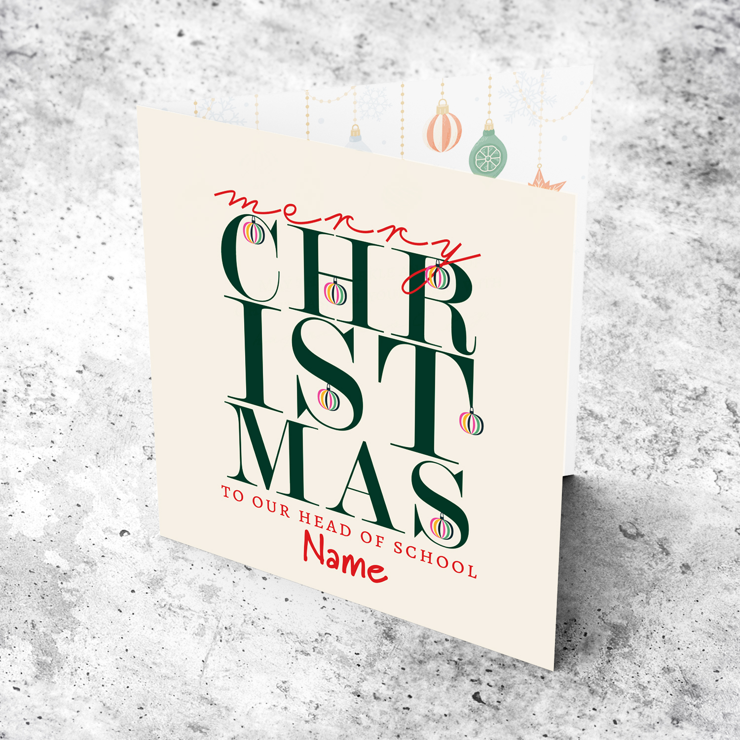 A beautiful, modern Christmas card, in the holiday's  season colours with various hanging baubles for Head of School in English (Unisex and Neutral)