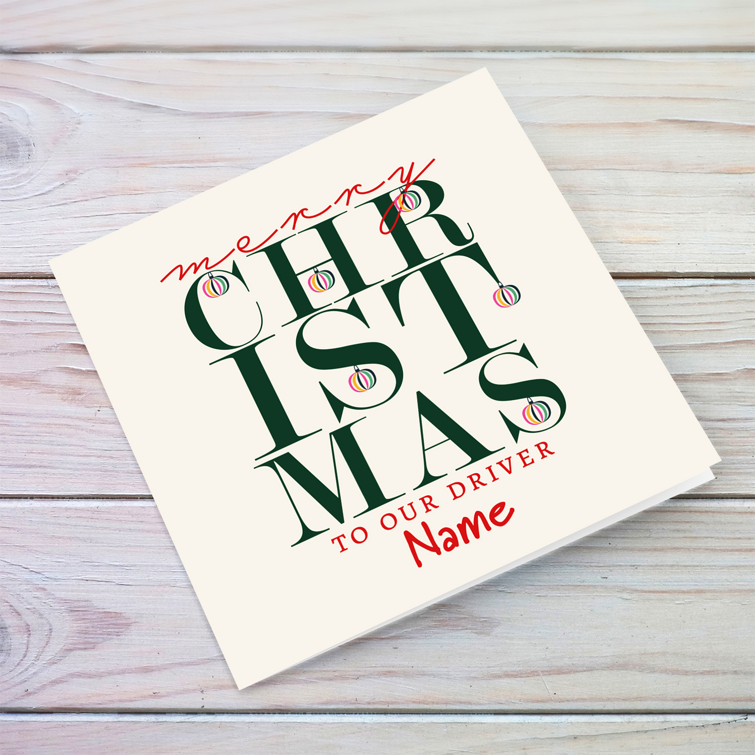 A beautiful, modern Christmas card, in the holiday's season colours with various hanging baubles for School Driver in English (Unisex and Neutral)