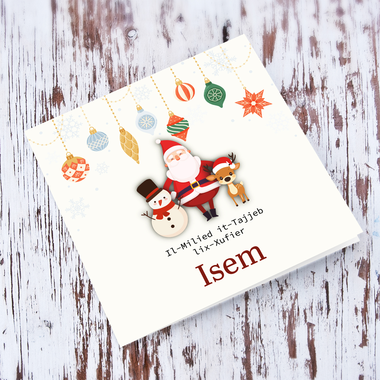 A special Christmas card, featuring hanging baubles with a cute snowman, santa, and reindeer for school driver (MALE) in Maltese (Personalisable)