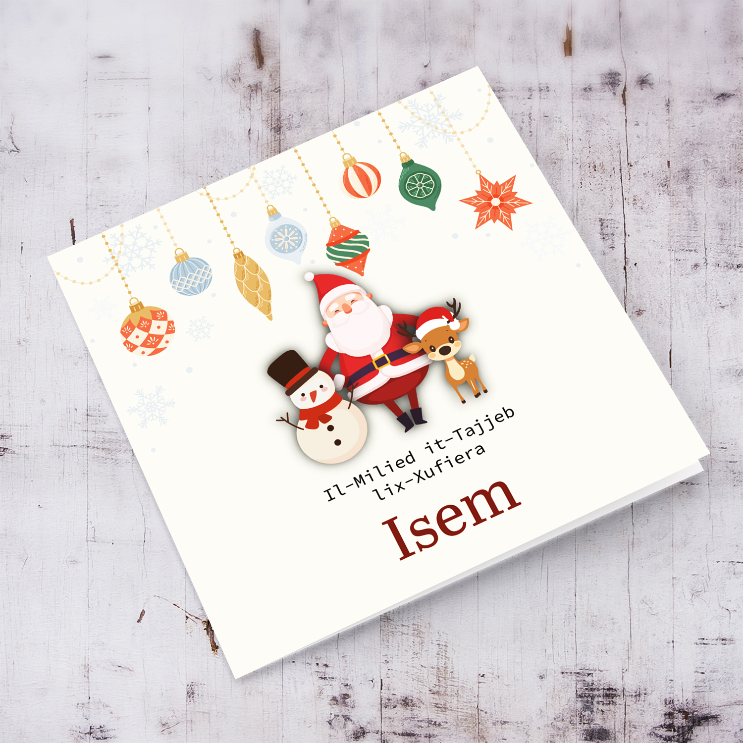 A special Christmas card, featuring hanging baubles with a cute snowman, santa, and reindeer for school driver (FEMALE) in Maltese (Personalisable)