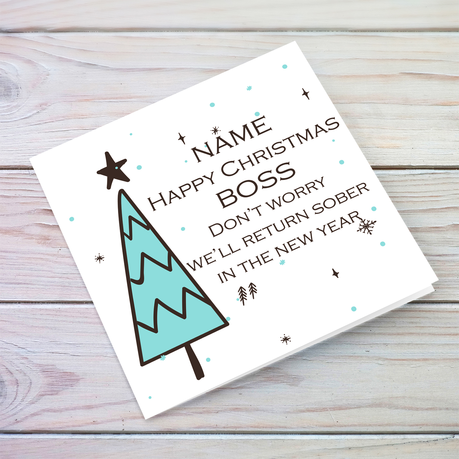 Funny Christmas card to Boss in English with cute Christmas tree and scattered snowflakes (Personalisable)