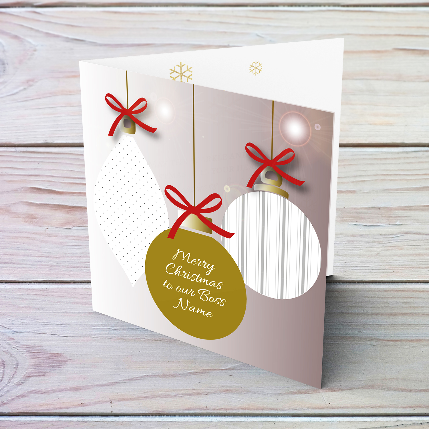 Bauble themed christmas card for Boss with red bow ties in English (Personalisable, Neutral & Unisex)