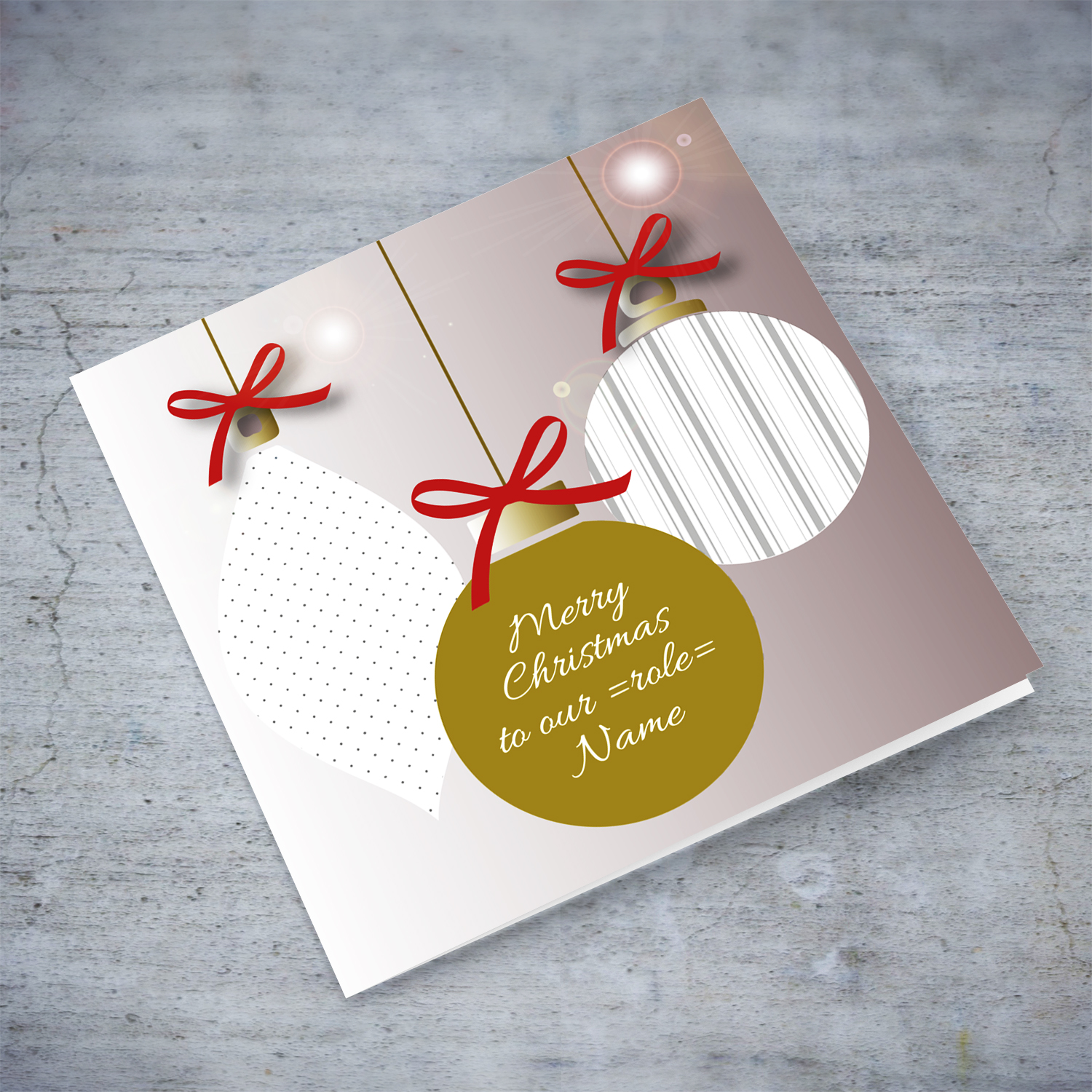 Bauble themed christmas card with red bow ties in English (Personalisable, Neutral & Unisex)