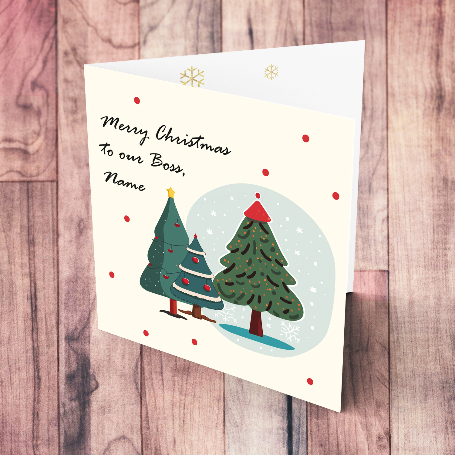 Minimalist Christmas trees themed card for Boss with scattered red dots in English (Personalisable)