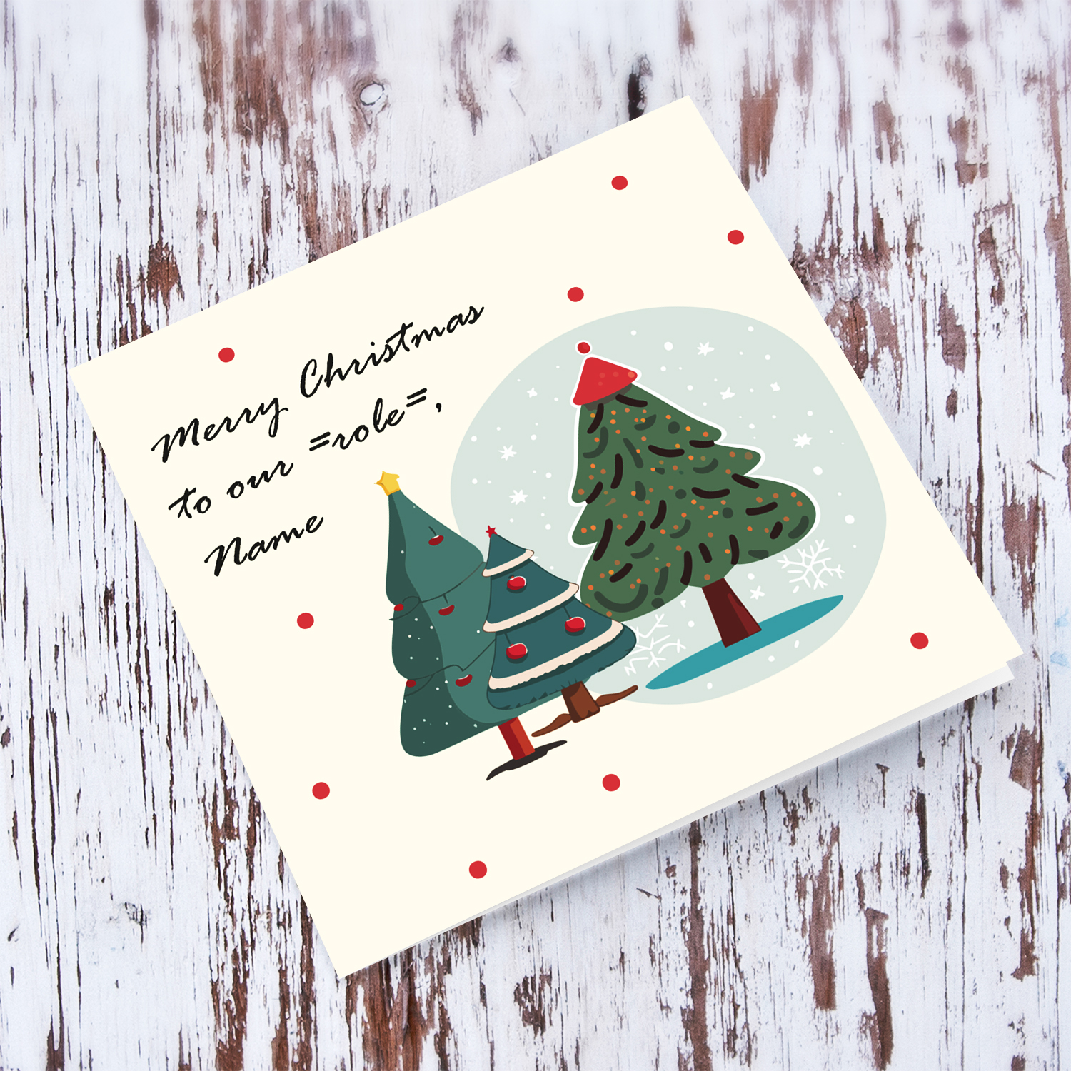 Minimalist Christmas trees themed card with scattered red dots in English (Personalisable)