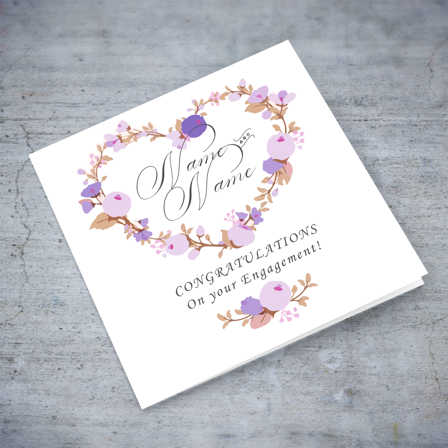 Purple heart flower wreath Engagement card in English (Personalisable)