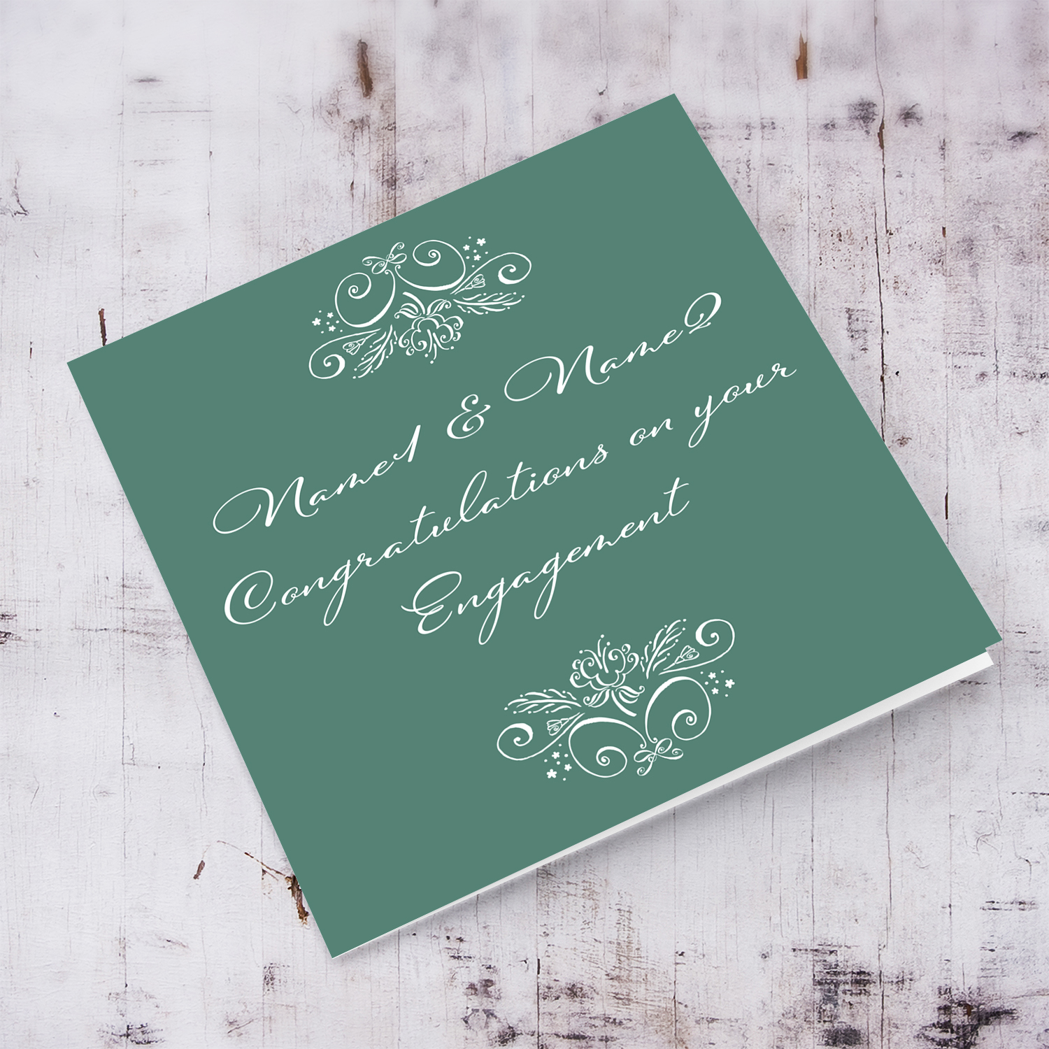 Elegant monochrome engagement card in a shade of green background and white text in English (Personalisable & blank inside)