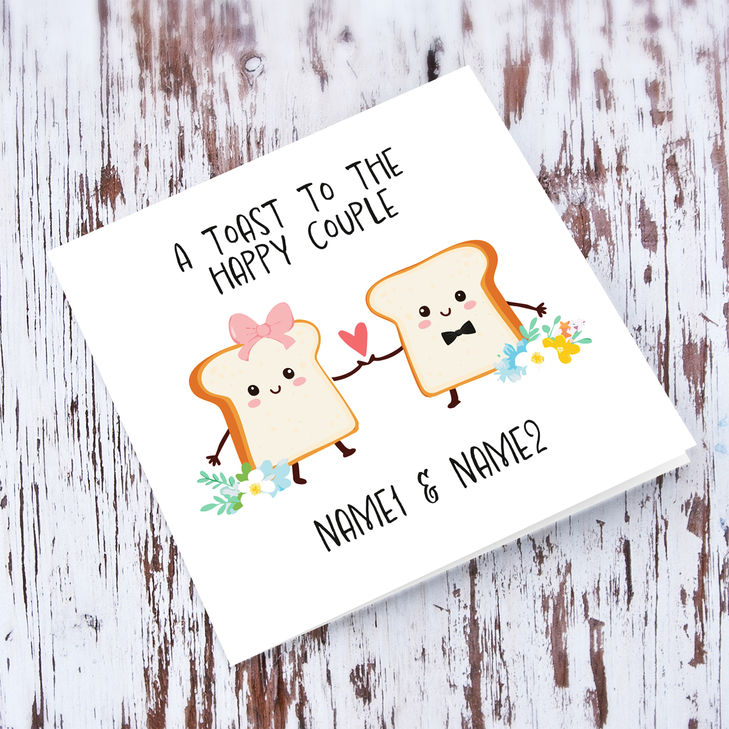 A toast to the happy couple - a cute engagement card featuring 2 cute toasts holding hands with flowers on the side in English (Personalisable)
