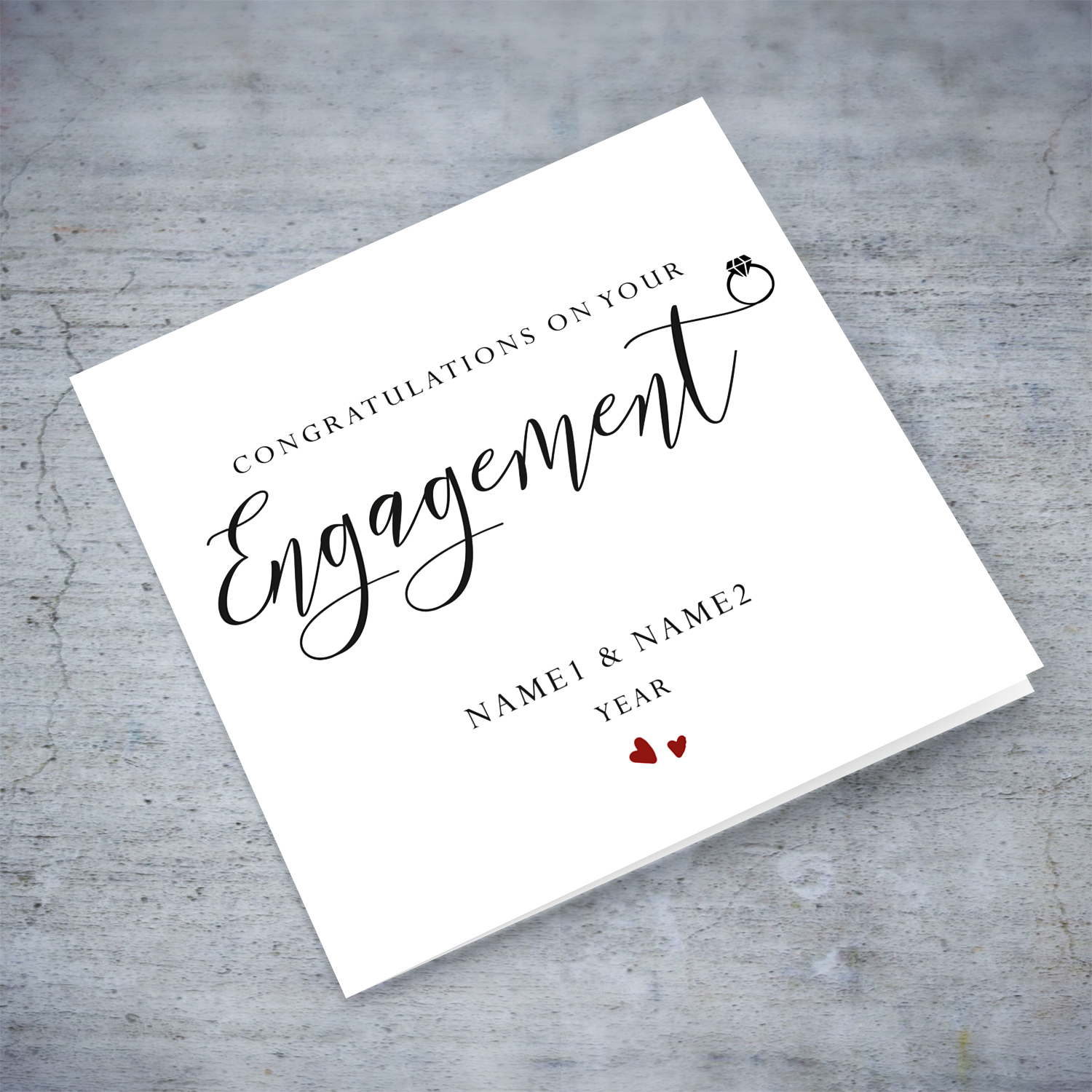 Minimalist and modern engagement card in monochrome and two red hearts in English (Personalisable)