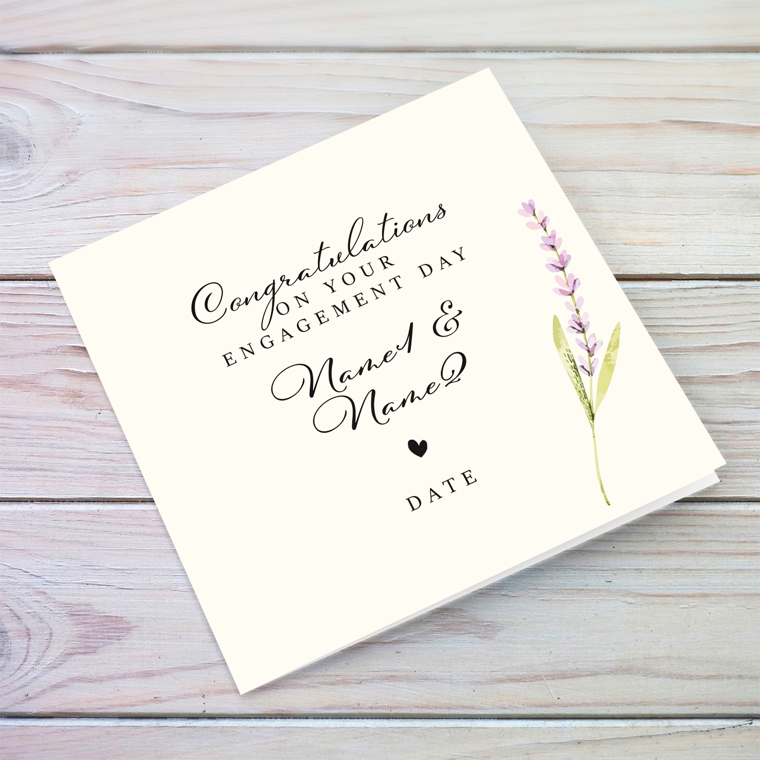 Minimalist & petite engagement card with dainty lilac floral detail in English (Personalisable)
