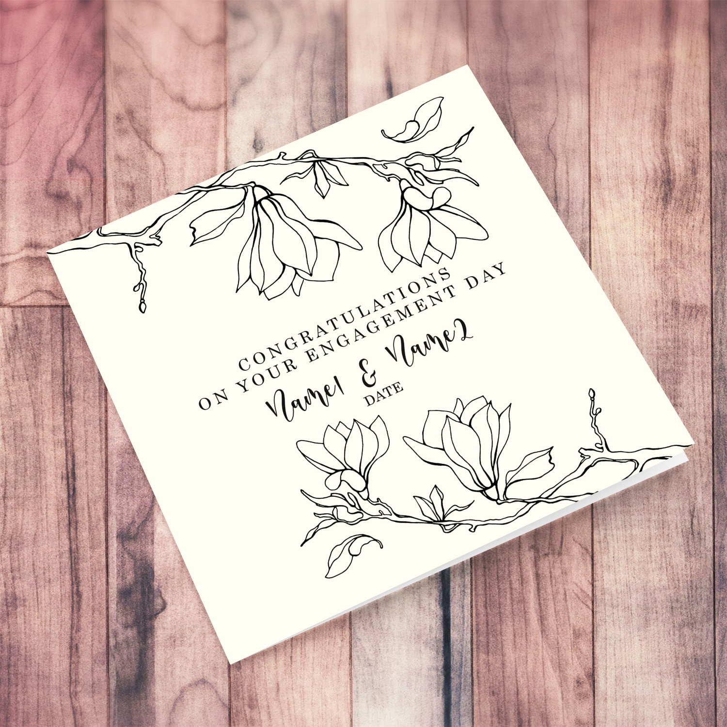 A monochrome engagement card in black text featuring line art flowers in English (Personalisable)