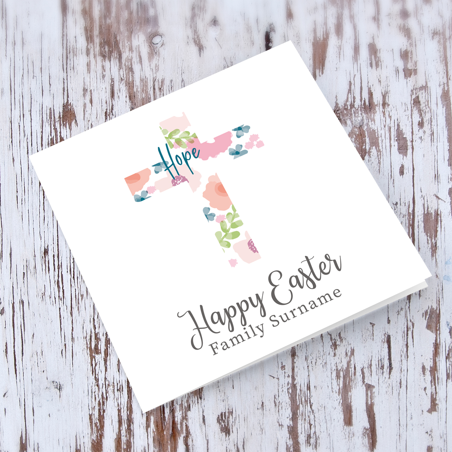 Cross with colourful flowers and hope Easter personalisable card for family Surname in English
